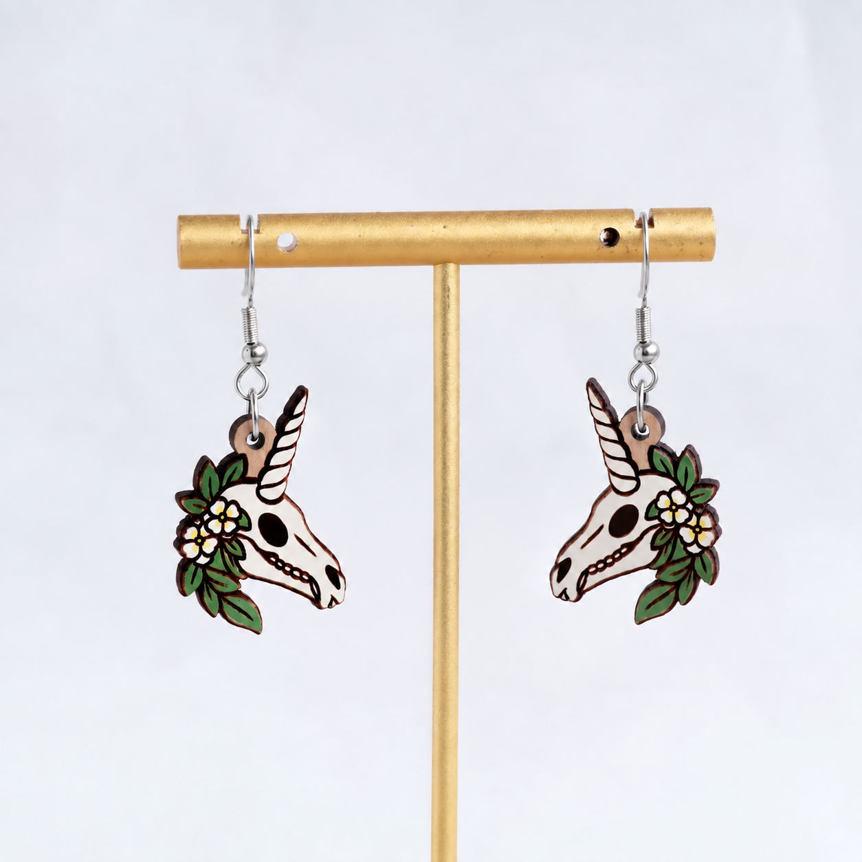 Floral Unicorn Skull Hook Earrings