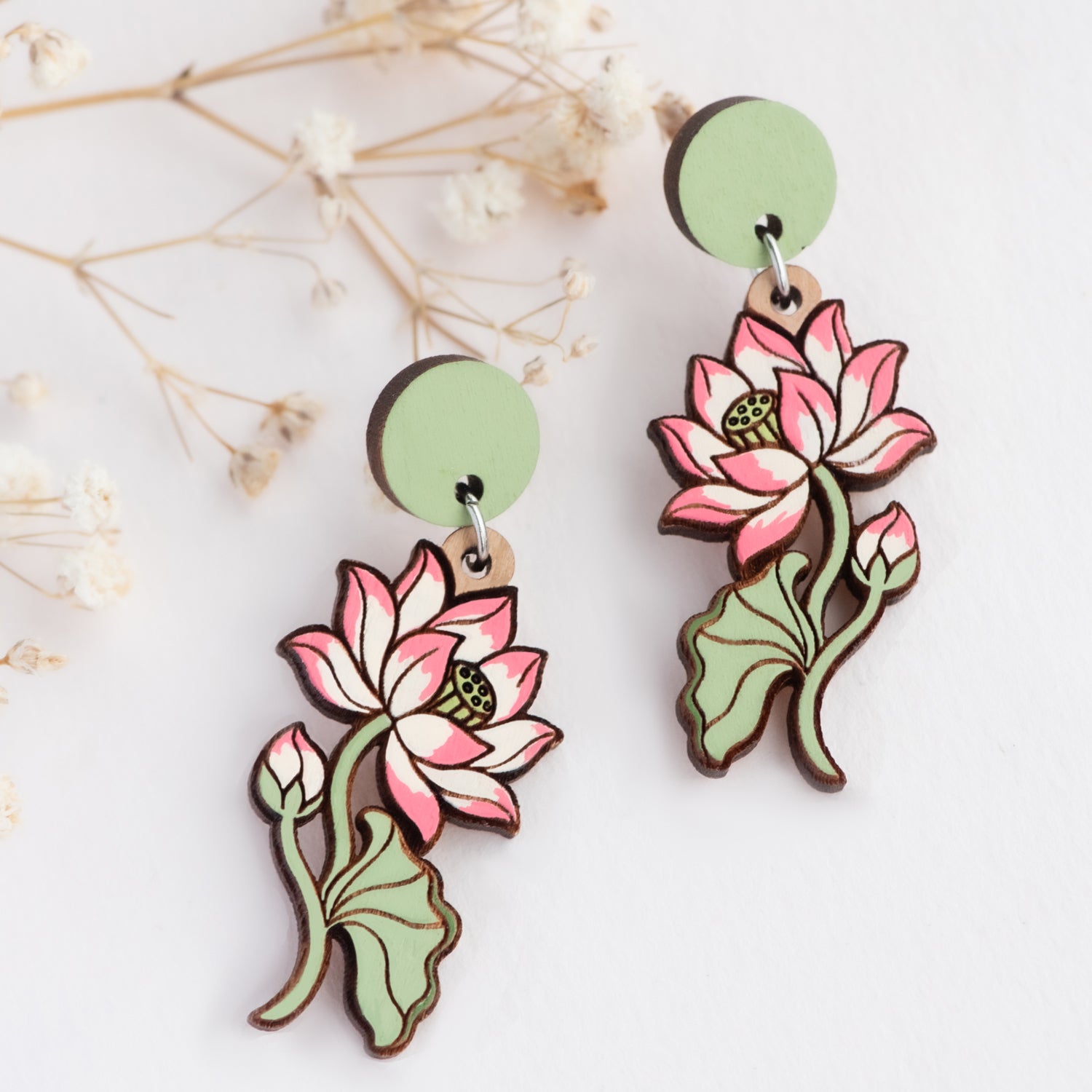 Pink Lotus Flower Drop Earrings