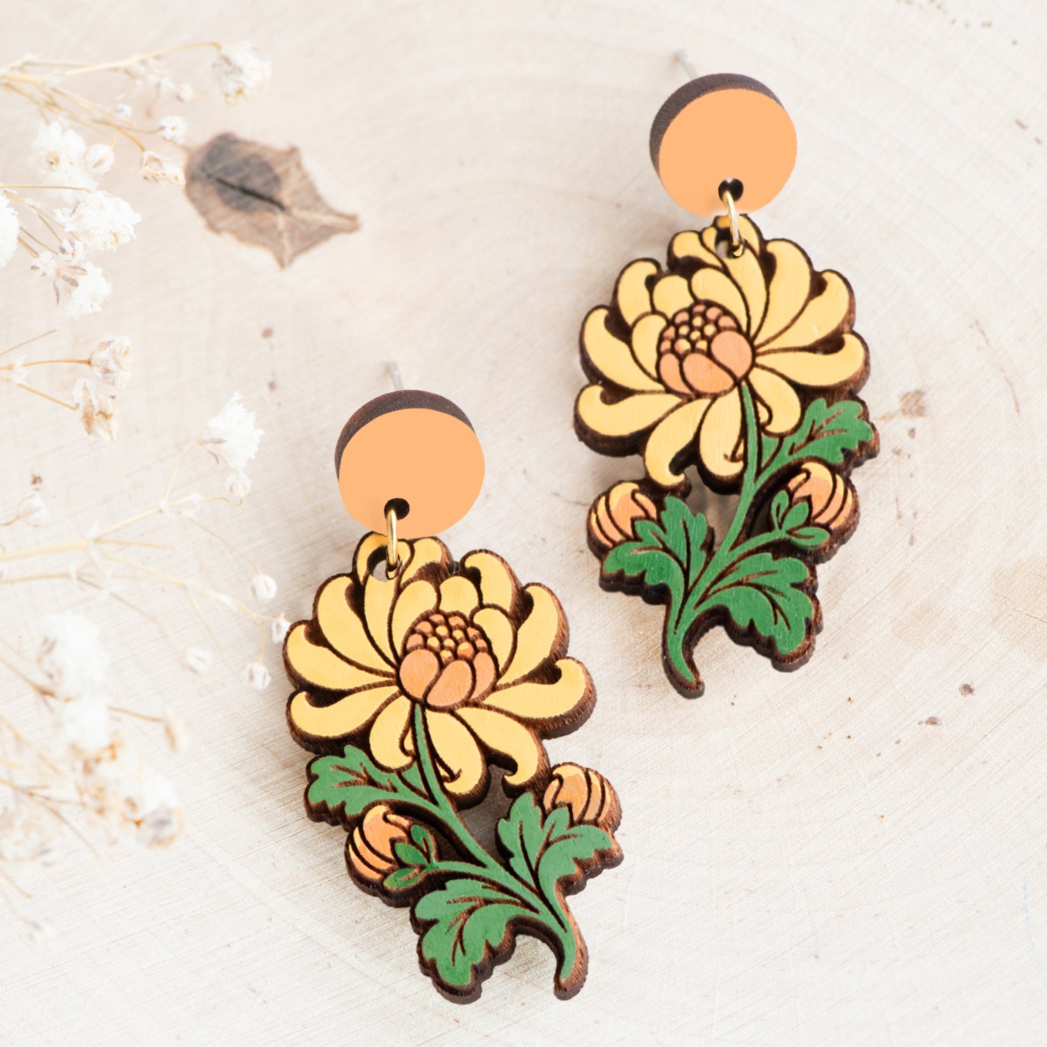 Yellow Chrysanthemum Drop Earrings
