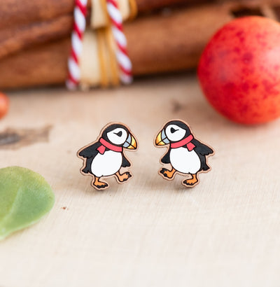 Christmas Walking Puffin Stud Earrings