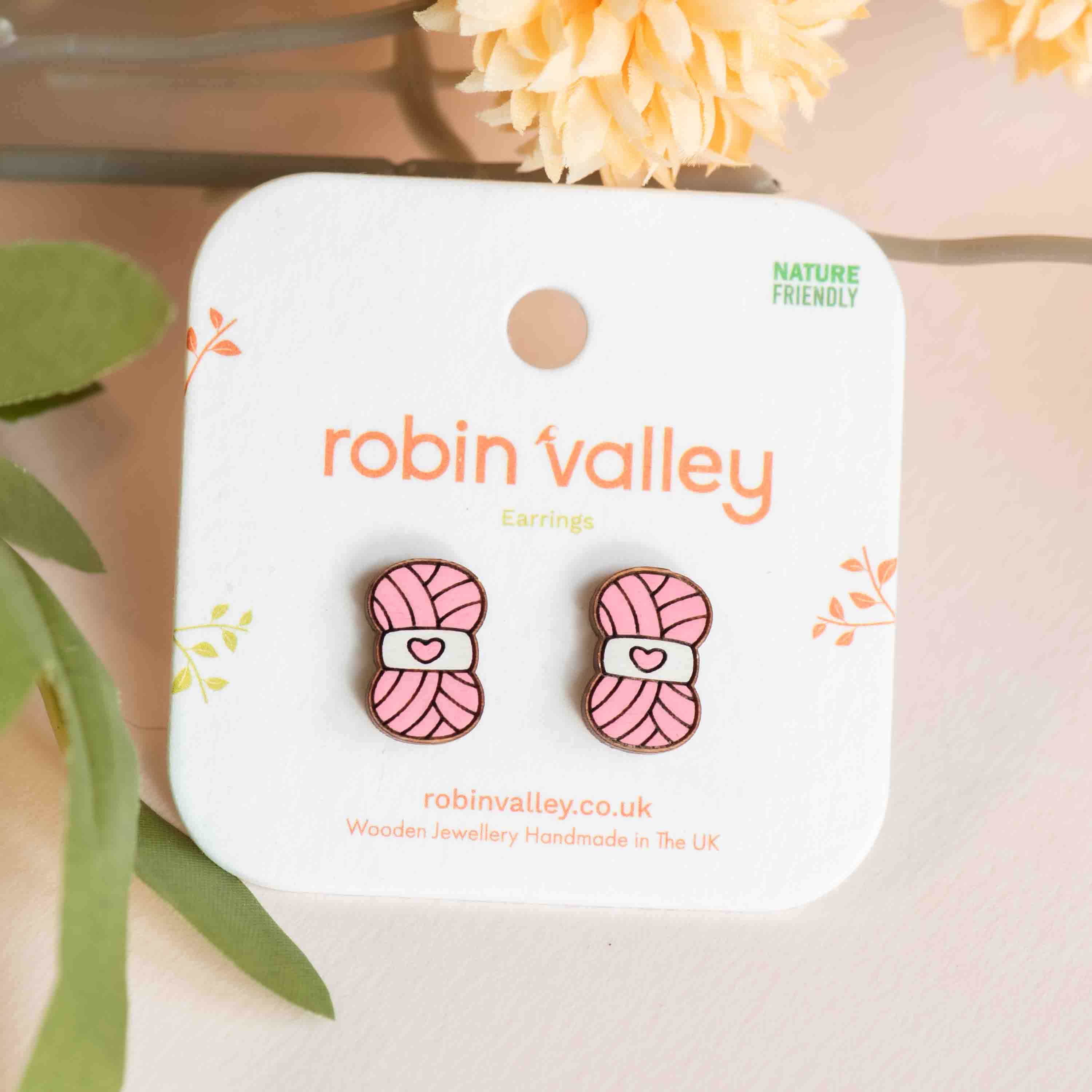 Hand-painted Pink Heart Yarn Earrings - PET15359