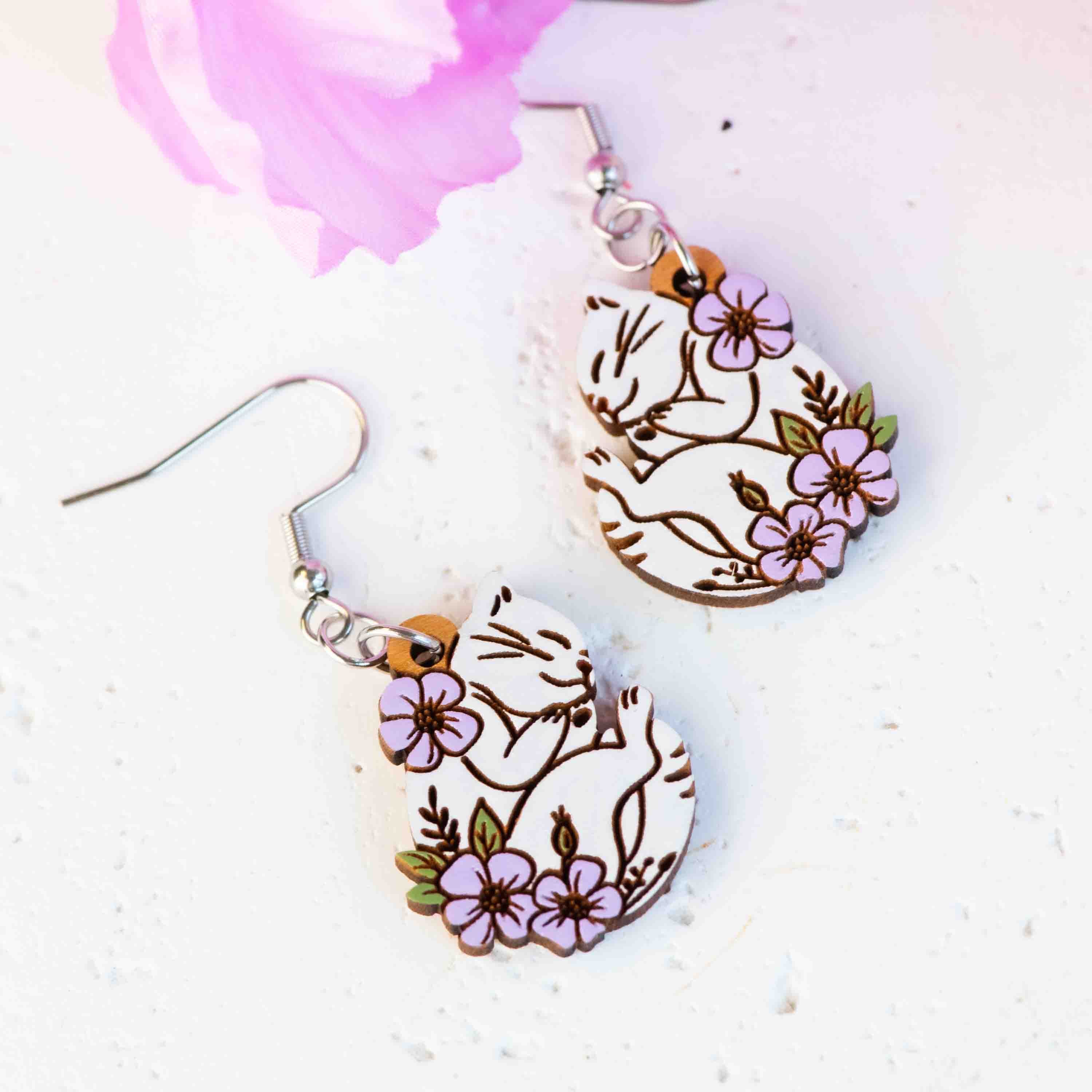 Sleeping Cat with Flower Hook Earrings