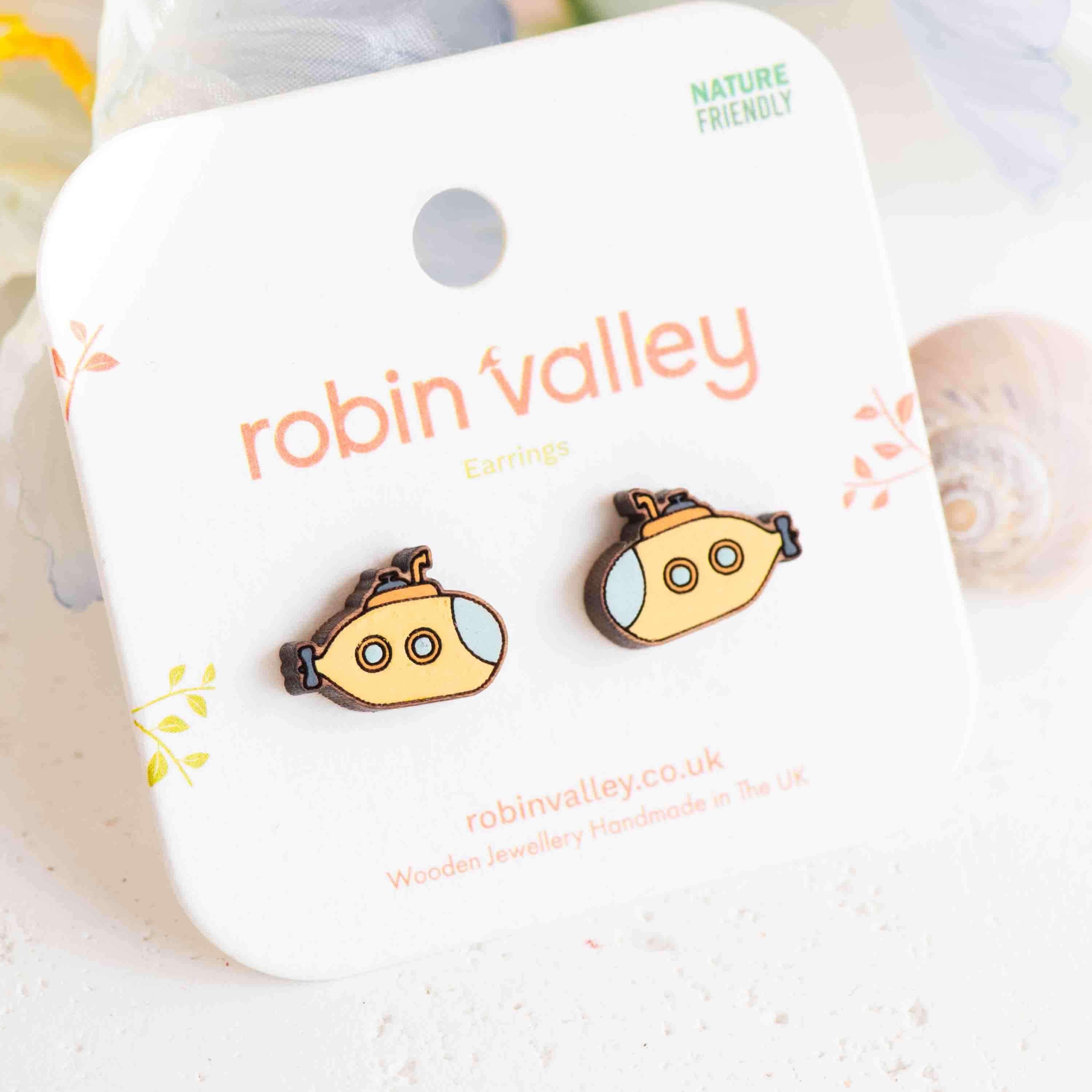 Boucles d'oreilles clous Sous-marin Jaune peintes à la main - PET15455