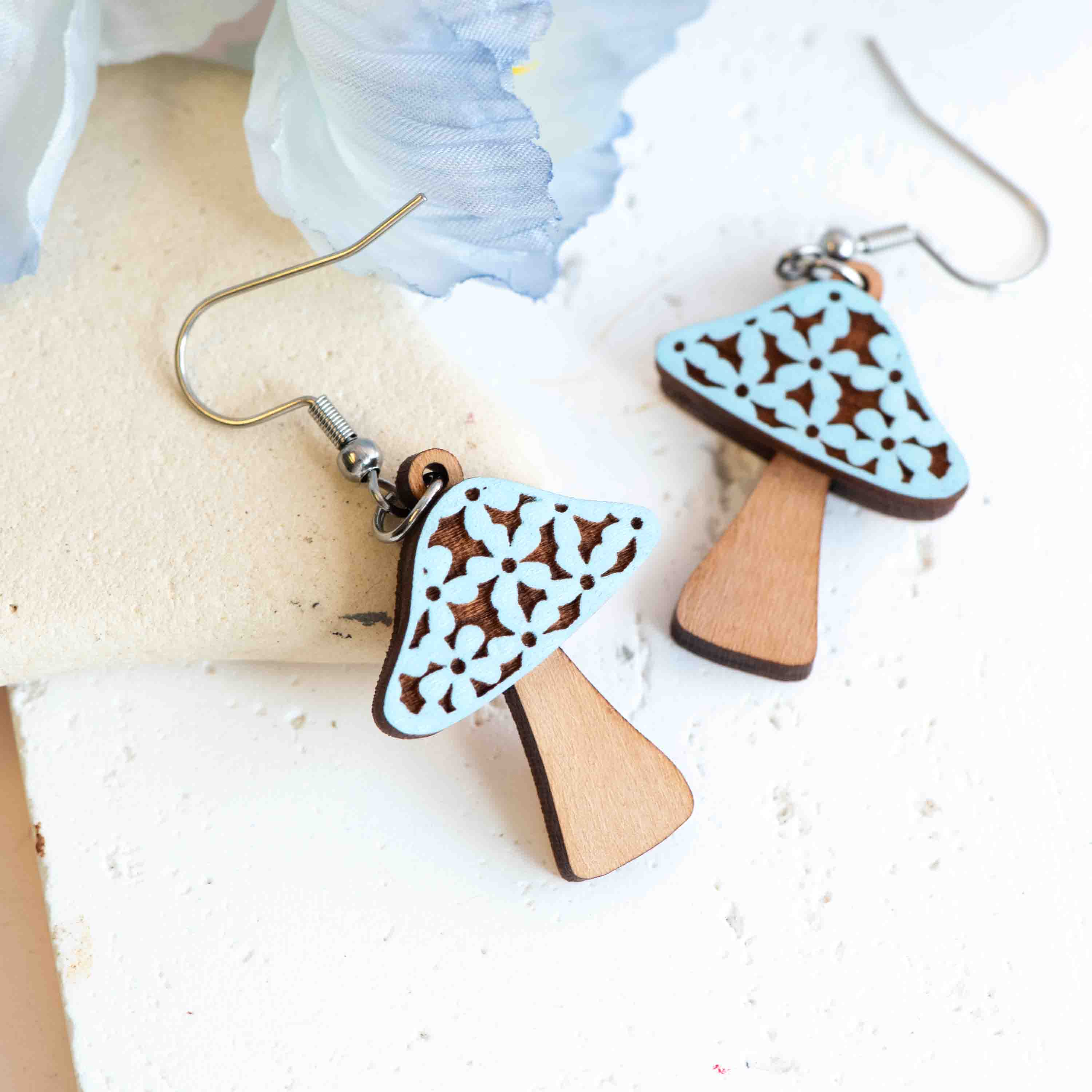 Layered Blue Mushroom Hook Earrings