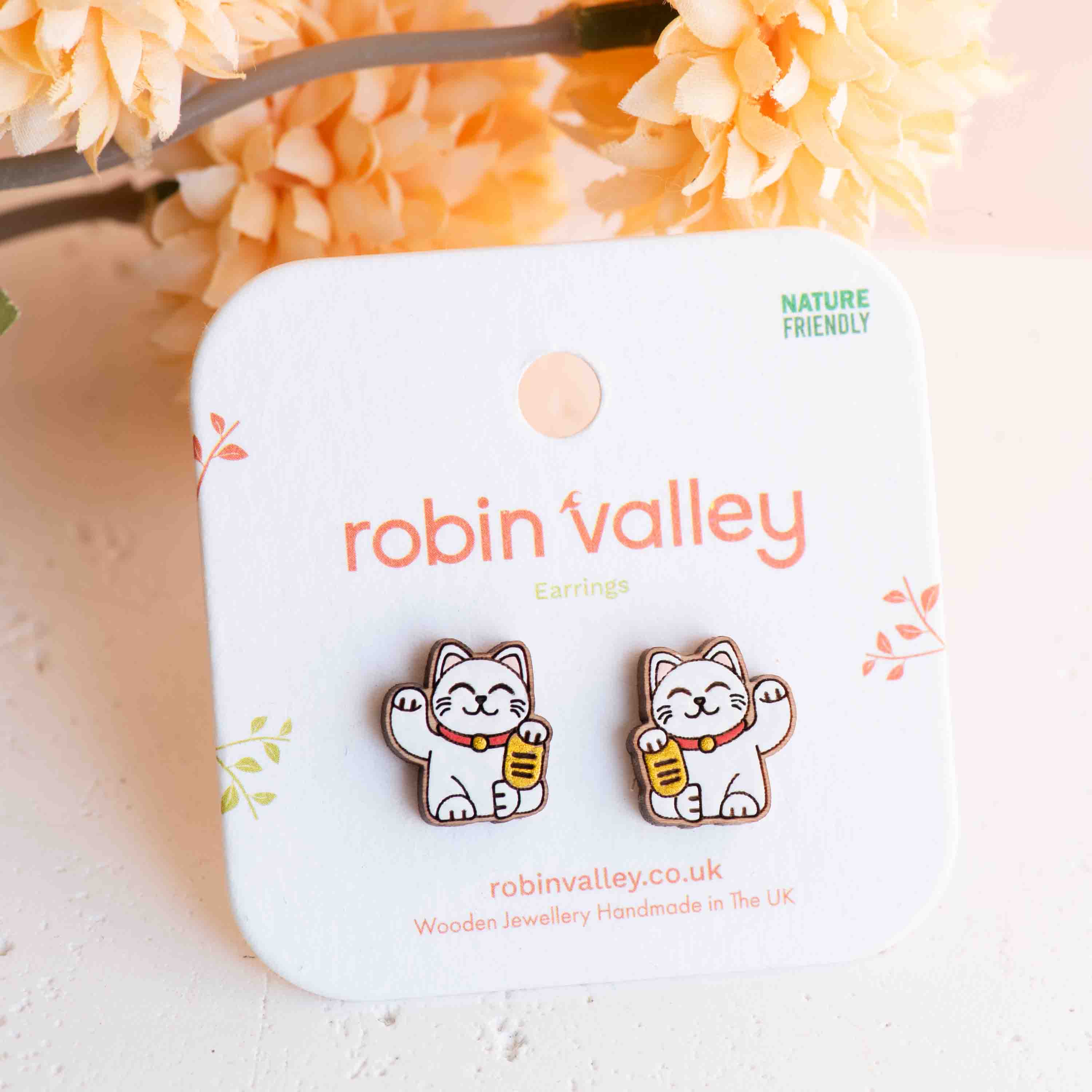 Hand-painted Japanese Lucky Cat Stud Earrings - PEO14236
