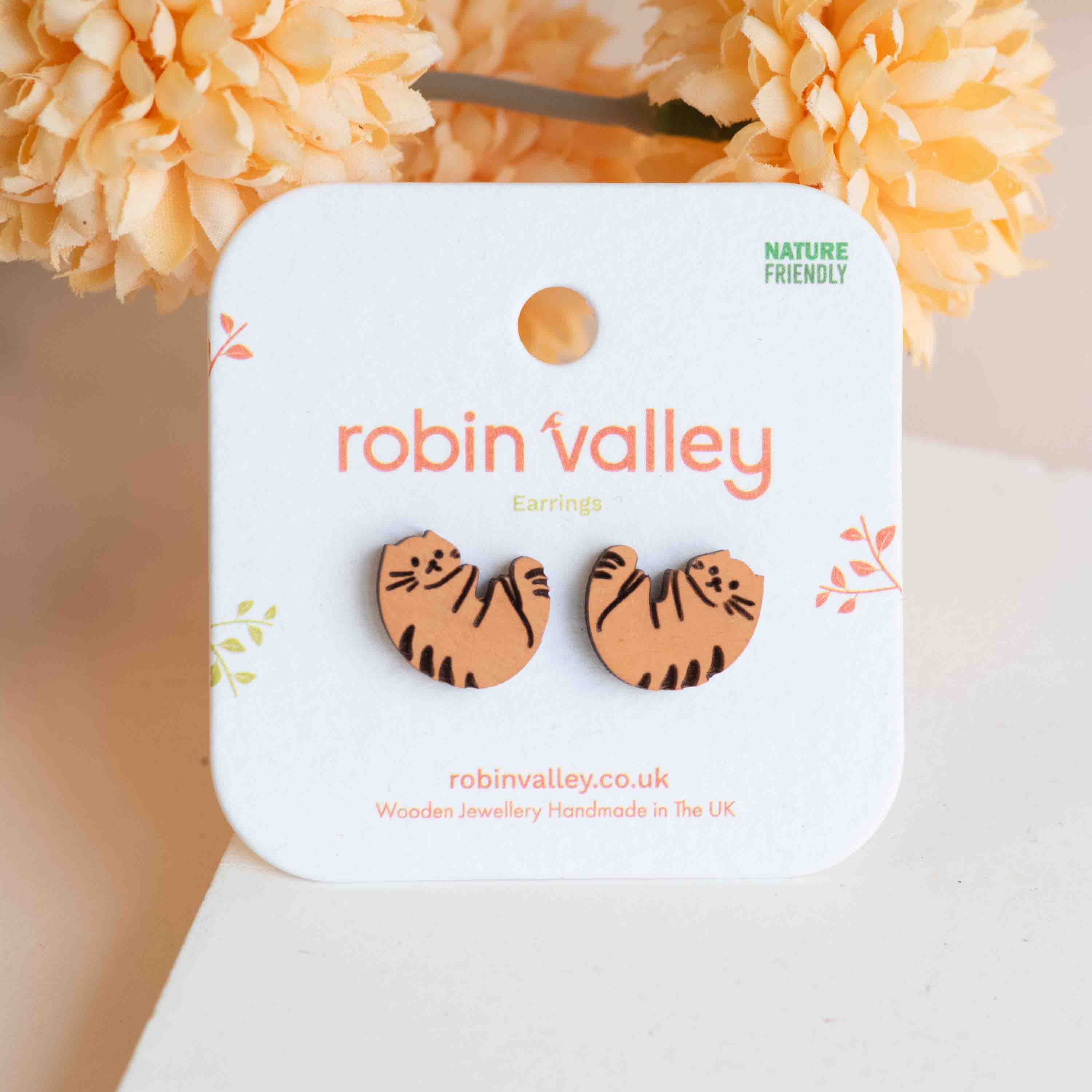 Hand-painted Stripy Ginger Cat Wooden Stud Earrings