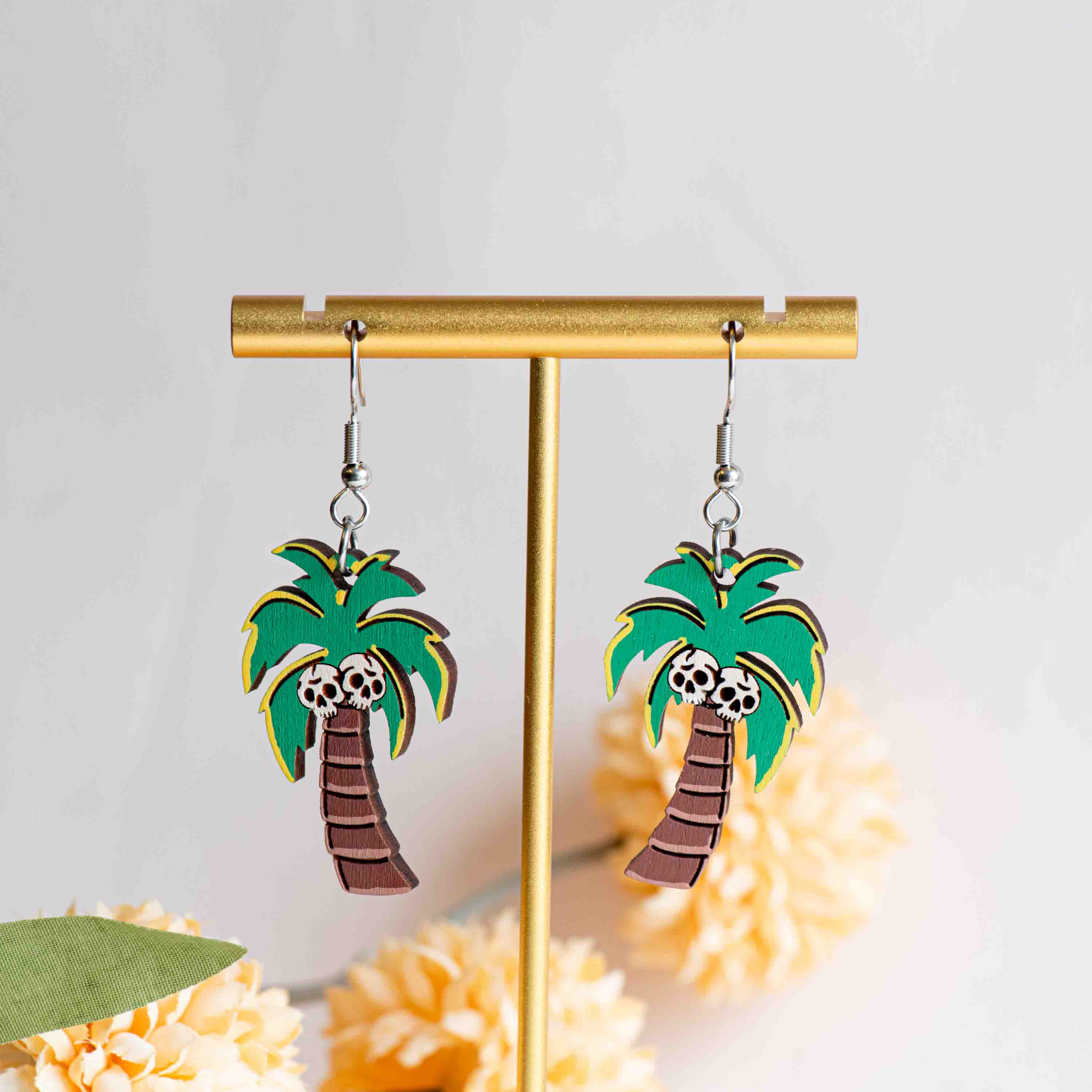 Skull Coconut Palm Tree Hook Earrings