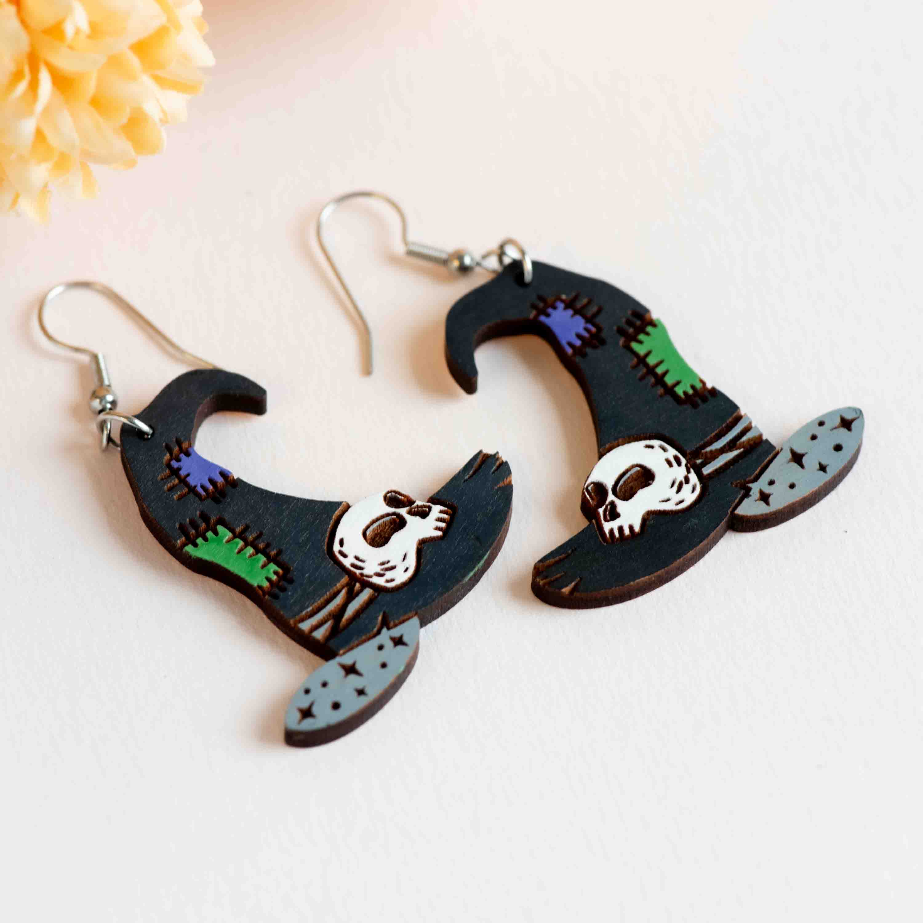 Hand-painted Patched Witch Hat Hook Earrings - PET15485D
