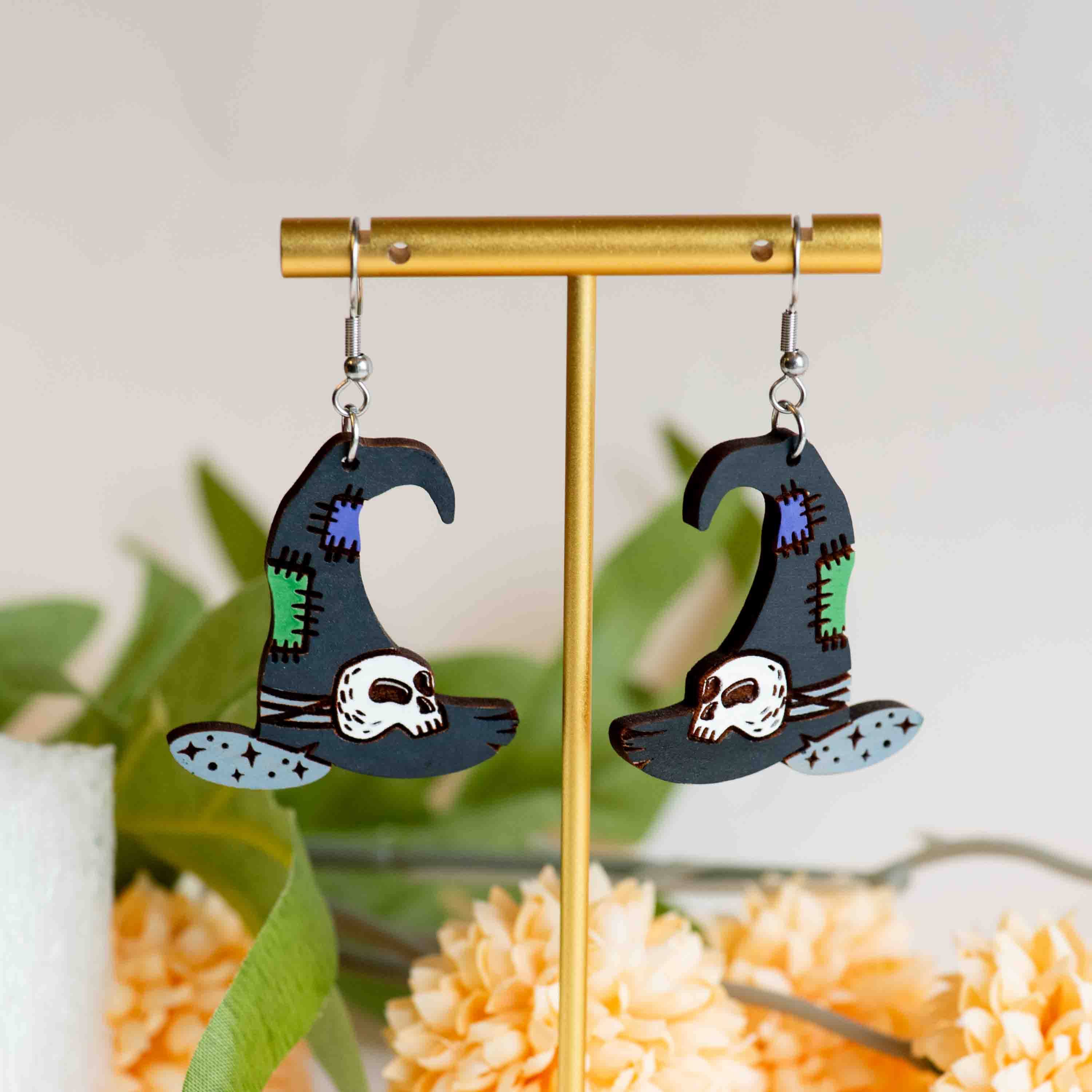 Hand-painted Patched Witch Hat Hook Earrings - PET15485D