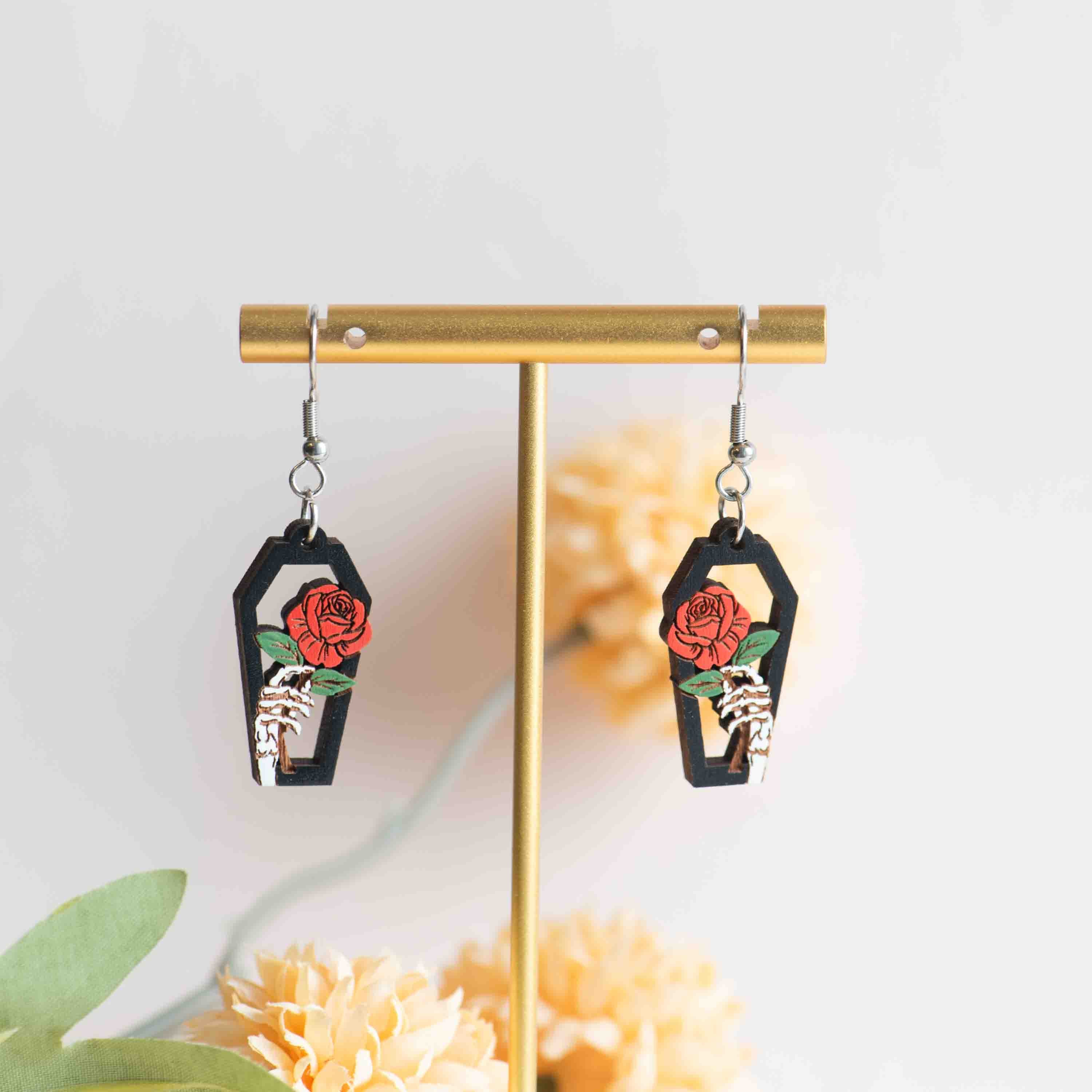 Coffin Hand Rose Wooden Hook Earrings