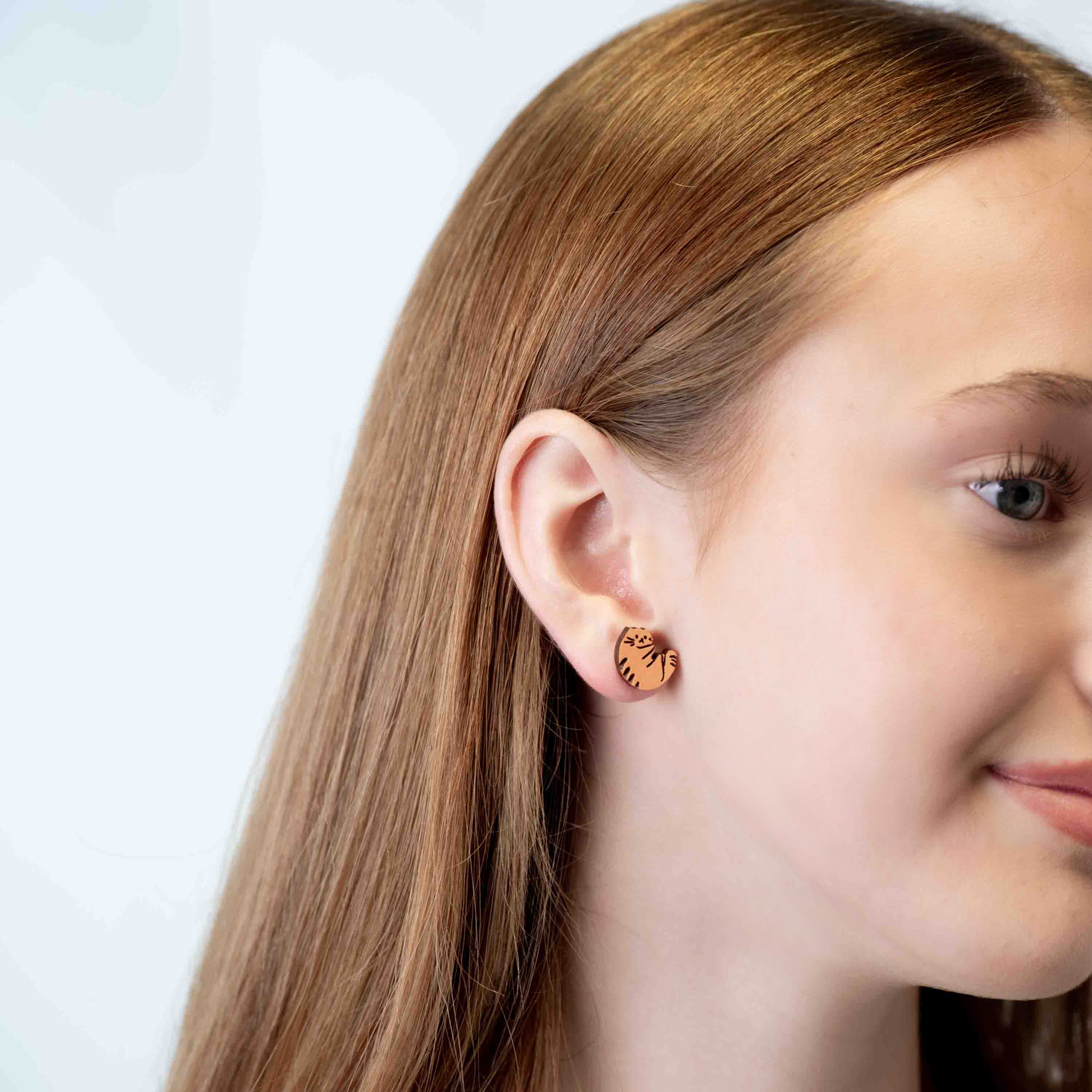 Hand-painted Stripy Ginger Cat Wooden Stud Earrings