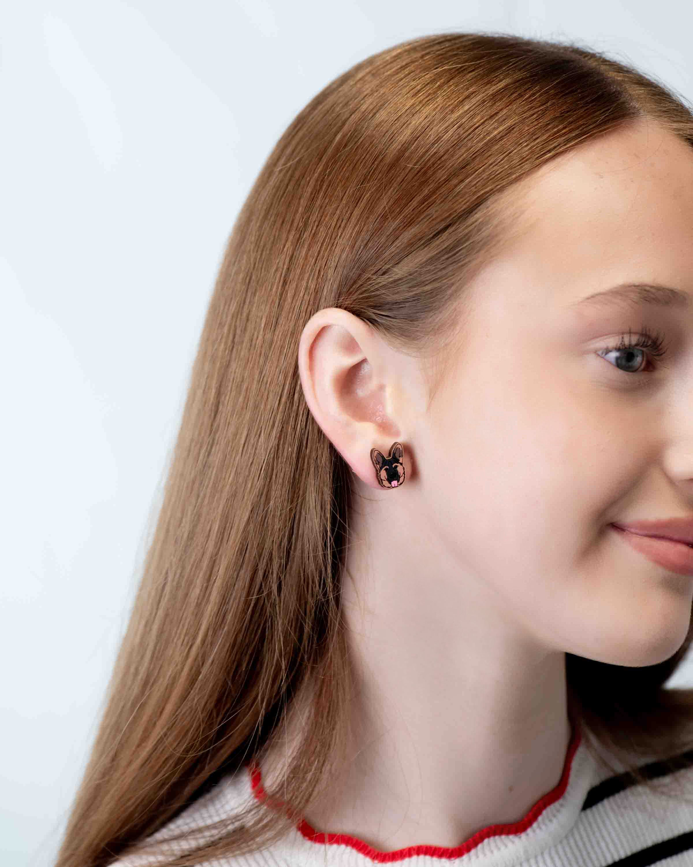 Hand-painted German Shepherd (Realistic) Wooden Stud Earrings