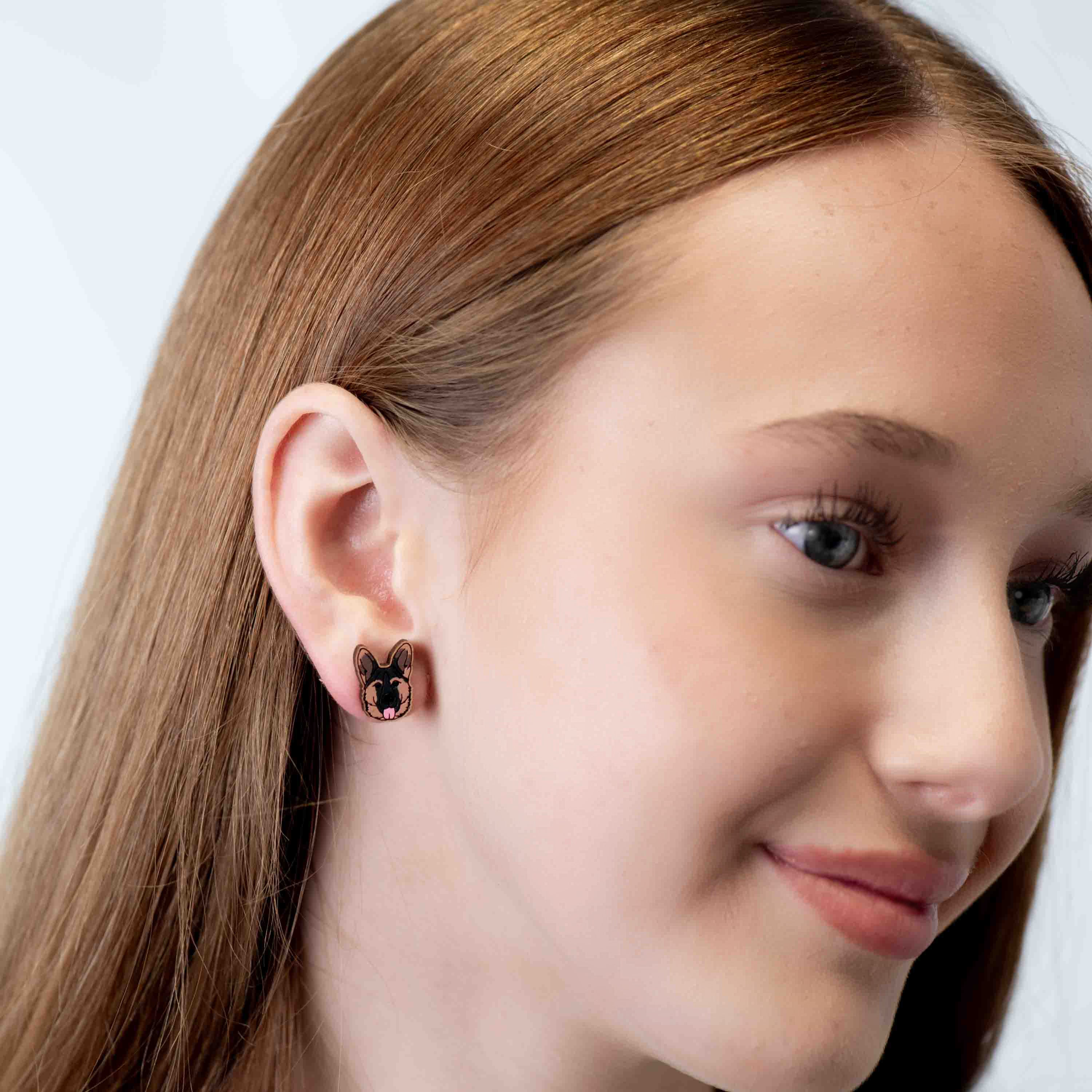 Hand-painted German Shepherd (Realistic) Wooden Stud Earrings