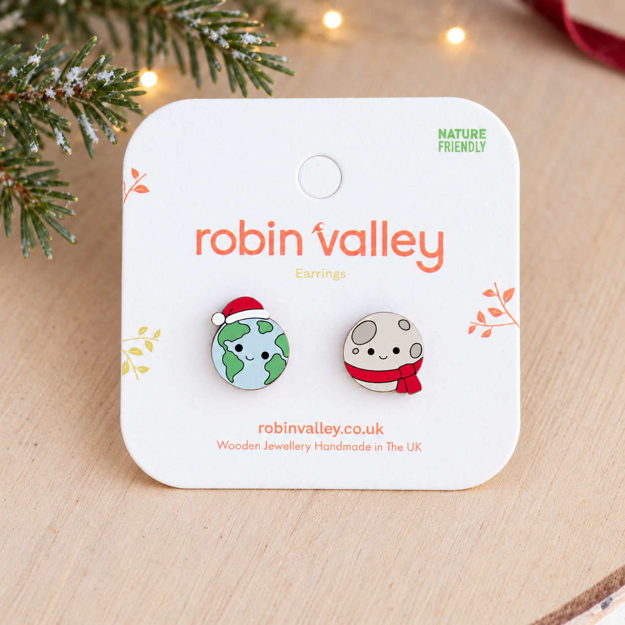 Christmas Earth and Moon Stud Earrings