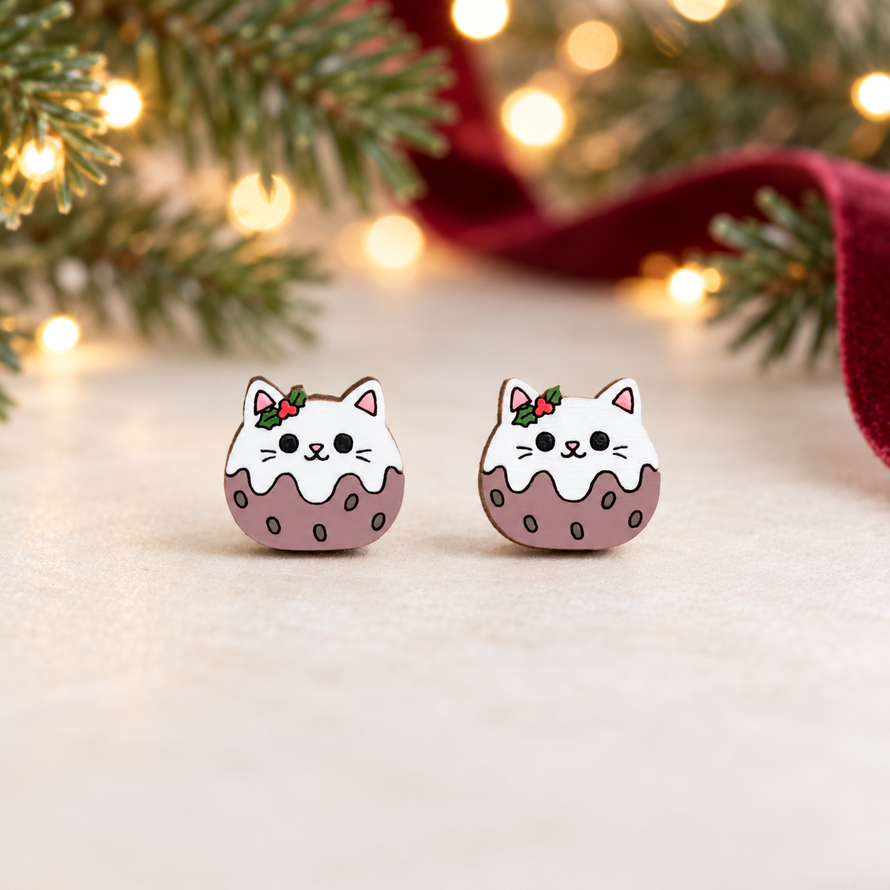 Christmas pudding cat stud earrings , cat lovers gift, christmas gift