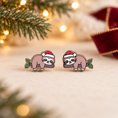 Christmas Sleeping Sloth Stud Earrings