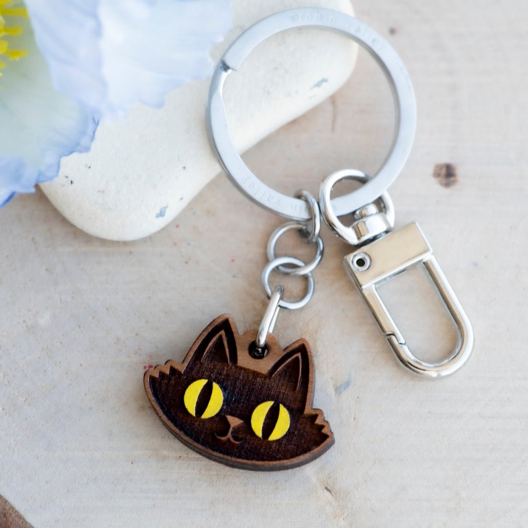 Black Cat Head Wooden Keyring - Robin Valley Official Store