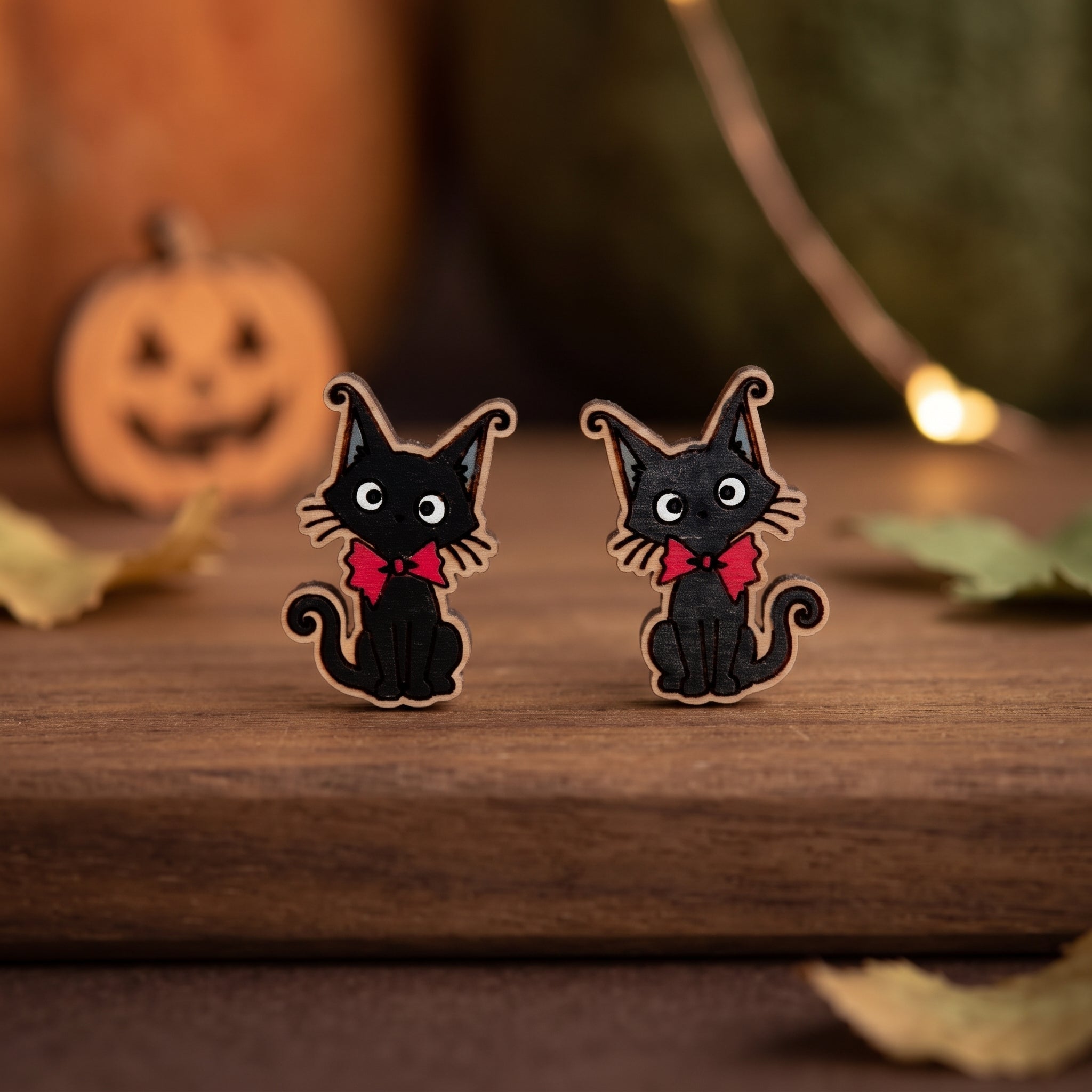 Black Cat with Red Bow Stud Earrings - Robin Valley Official Store