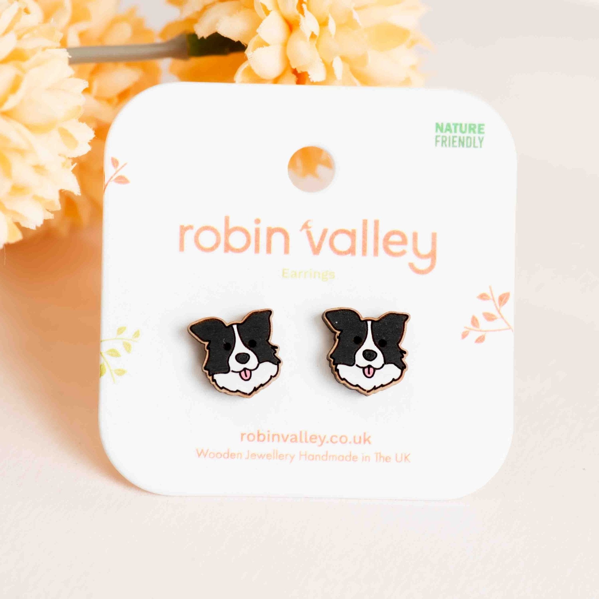 Border Collie Wooden Stud Earrings - PEL10068 - Robin Valley Official Store