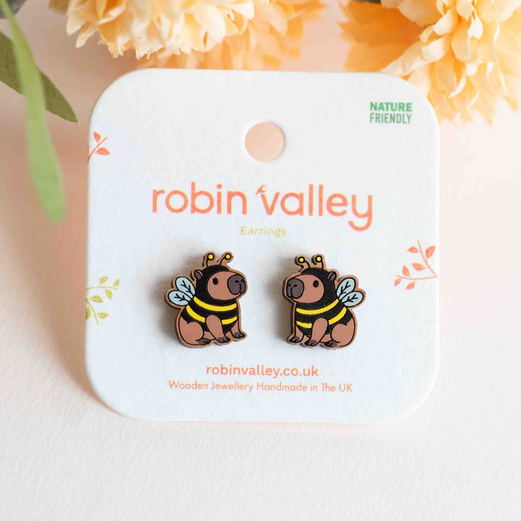 Capybara in Bee Costume Earrings - PEL10437 - Robin Valley Official Store
