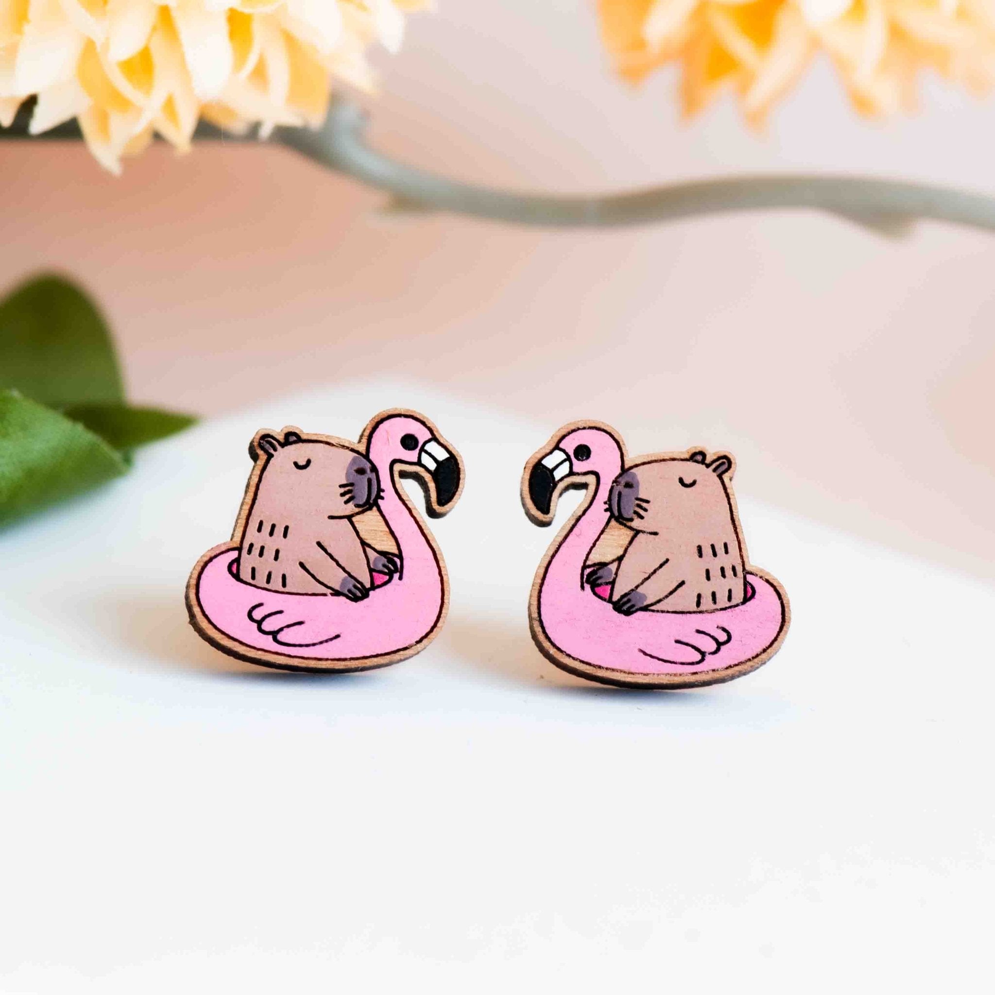 Capybara Ride On Inflatable Flamingo Earrings - PEL10459 - Robin Valley Official Store