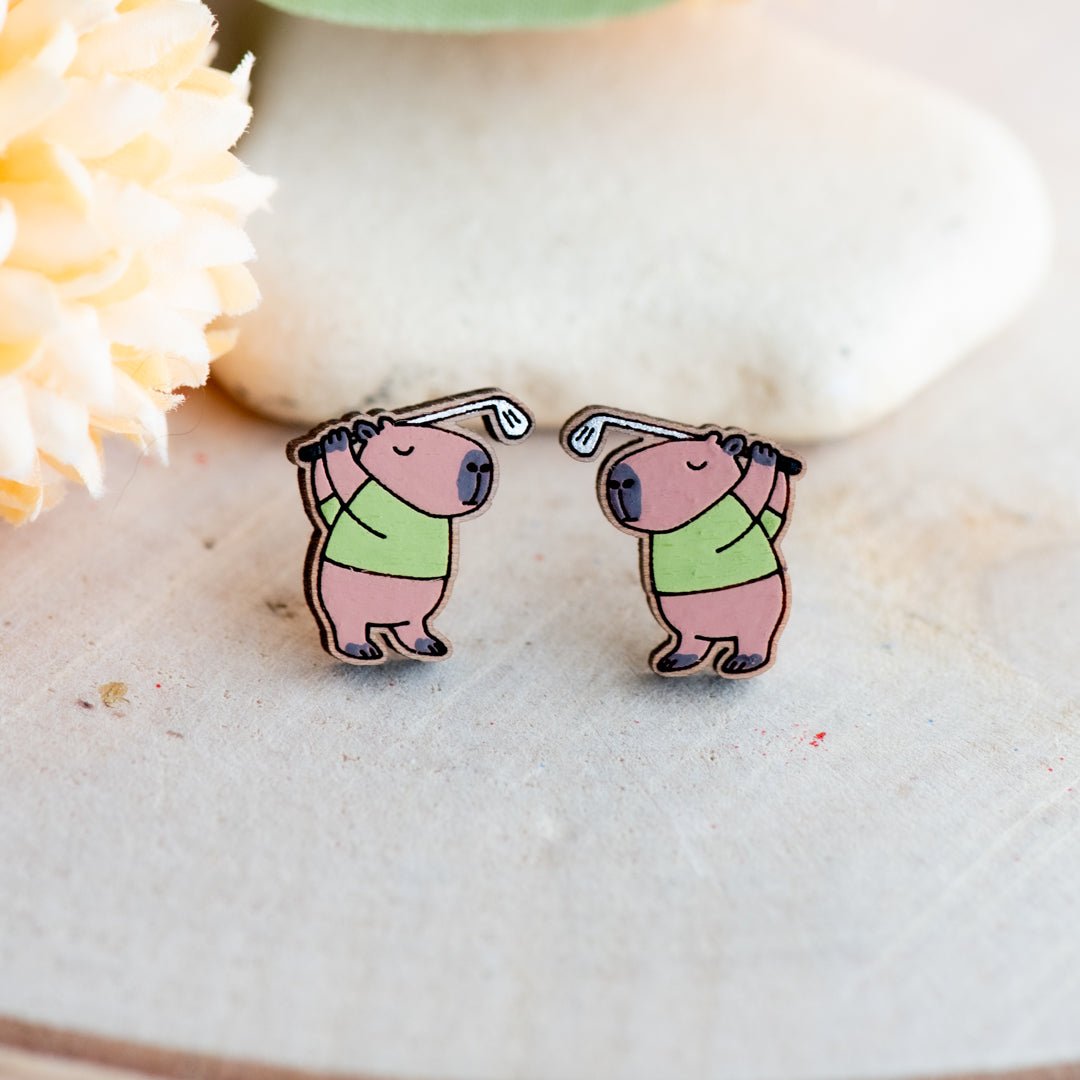 Cara the Golfer Capybara Stud Earrings - Robin Valley Official Store