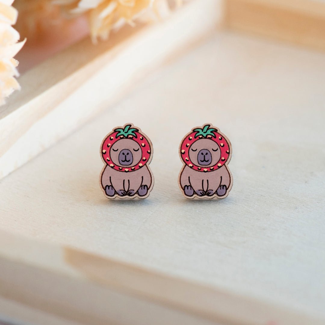 Cara the Strawberry Hat Capybara Stud Earrings - Robin Valley Official Store