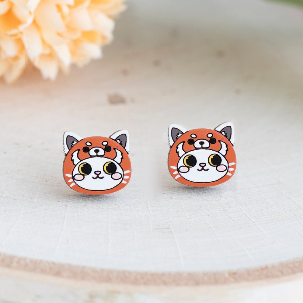 Cat with Red Panda Hat Stud Earrings - Robin Valley Official Store