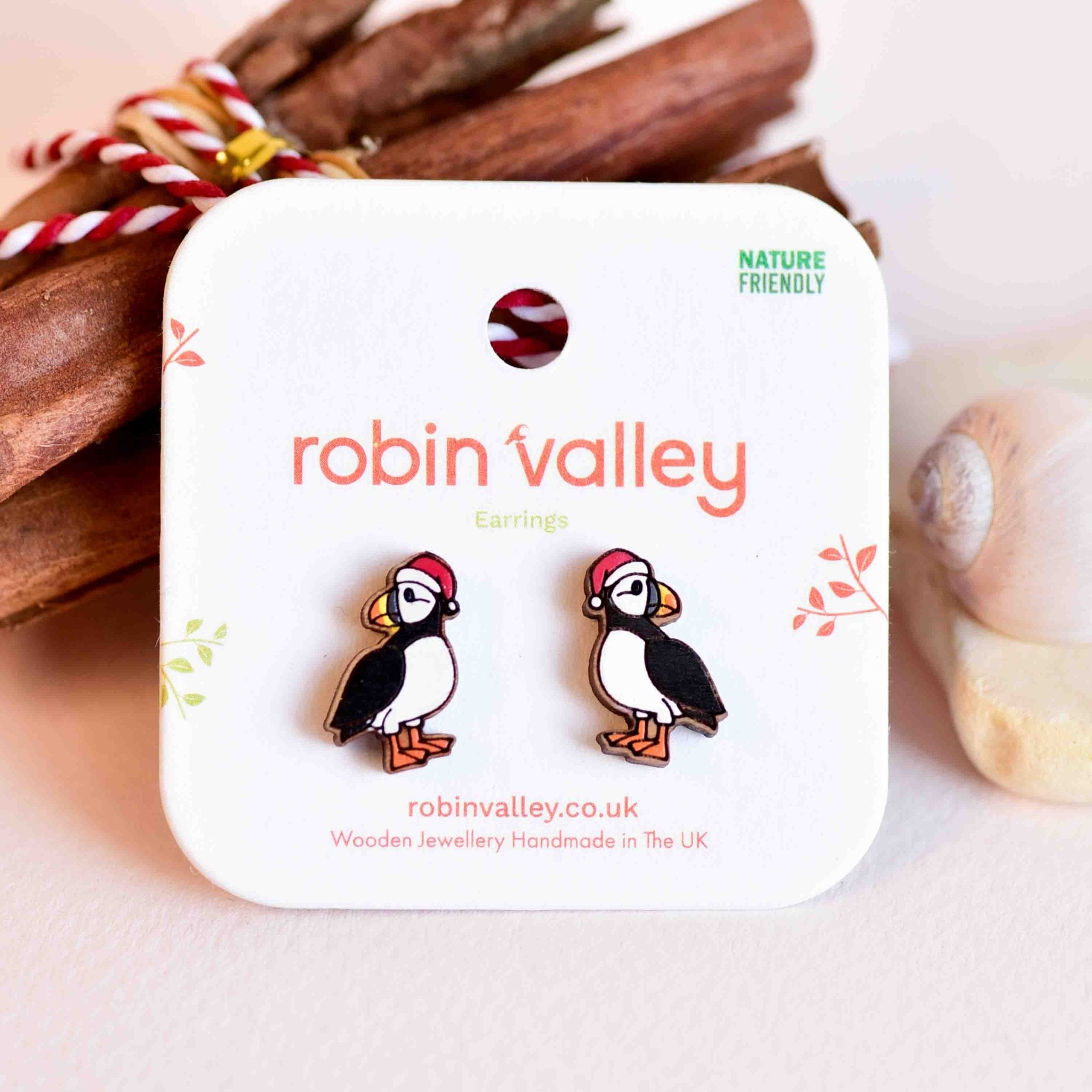 Christmas Puffin Bird in Red Santa Hat Wood Earrings - PEB12056 - Robin Valley Official Store