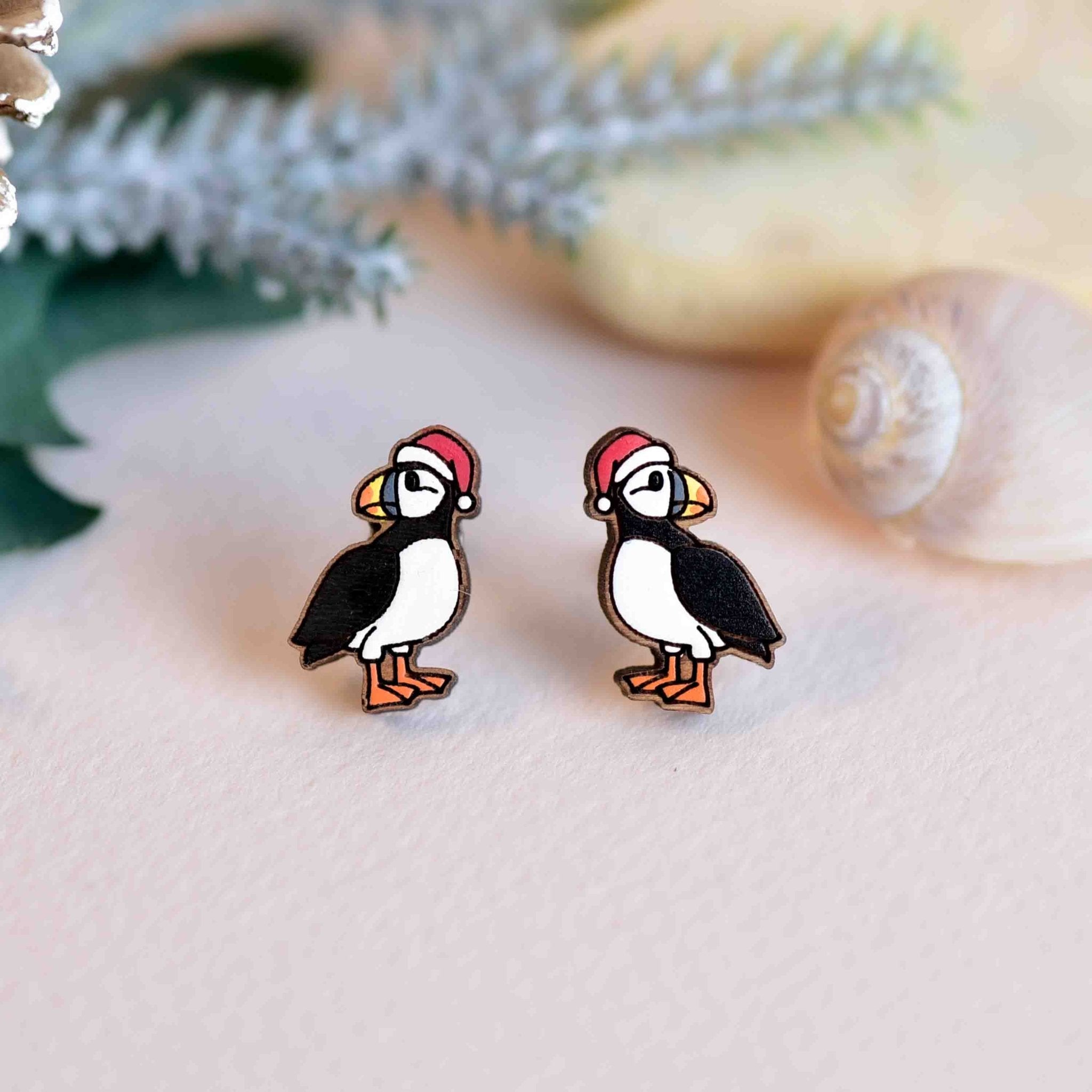 Christmas Puffin in a Red Santa Hat Earrings - Robin Valley Official Store