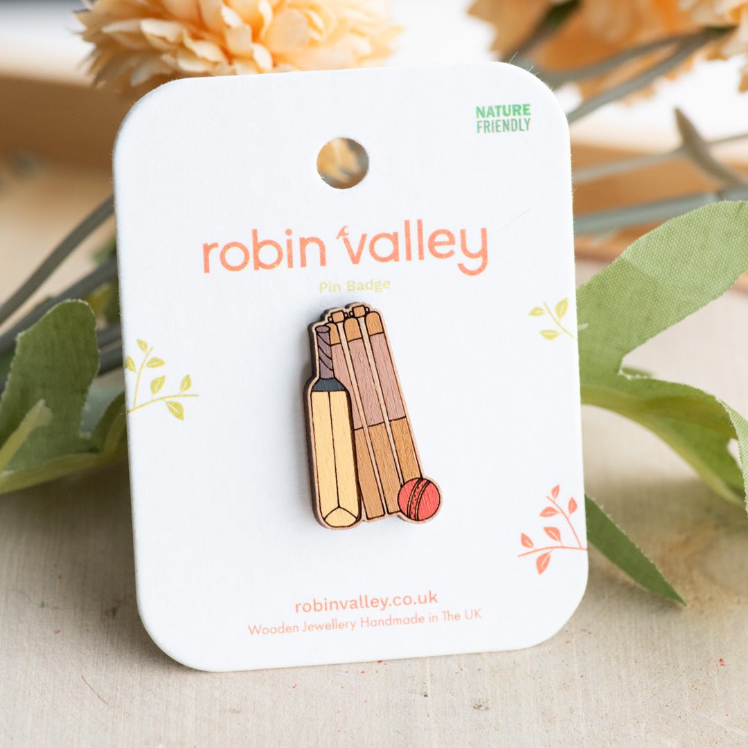 Cricket Bat & Ball Wooden Pin Badge - Robin Valley Official Store