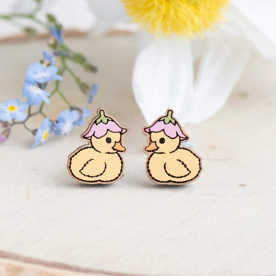 Cute Duckling with Pink Flower Hat Stud Earrings - Robin Valley Official Store