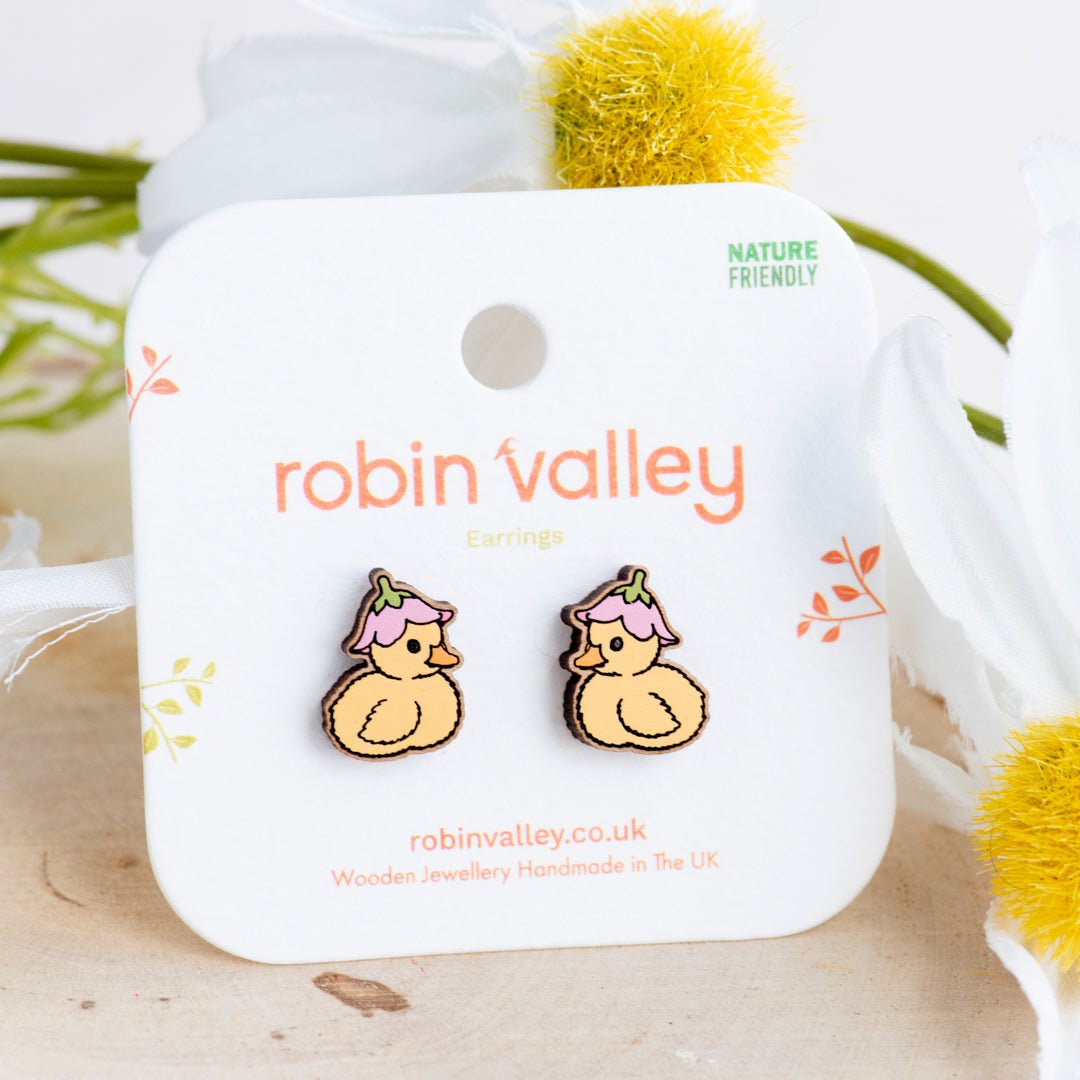 Cute Duckling with Pink Flower Hat Stud Earrings - Robin Valley Official Store