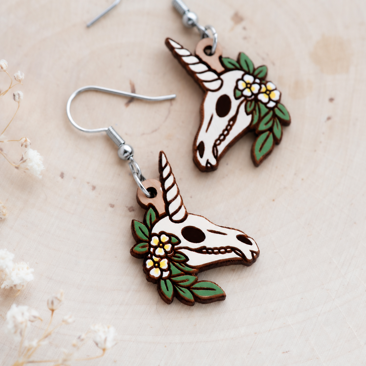 Floral Unicorn Skull Hook Earrings