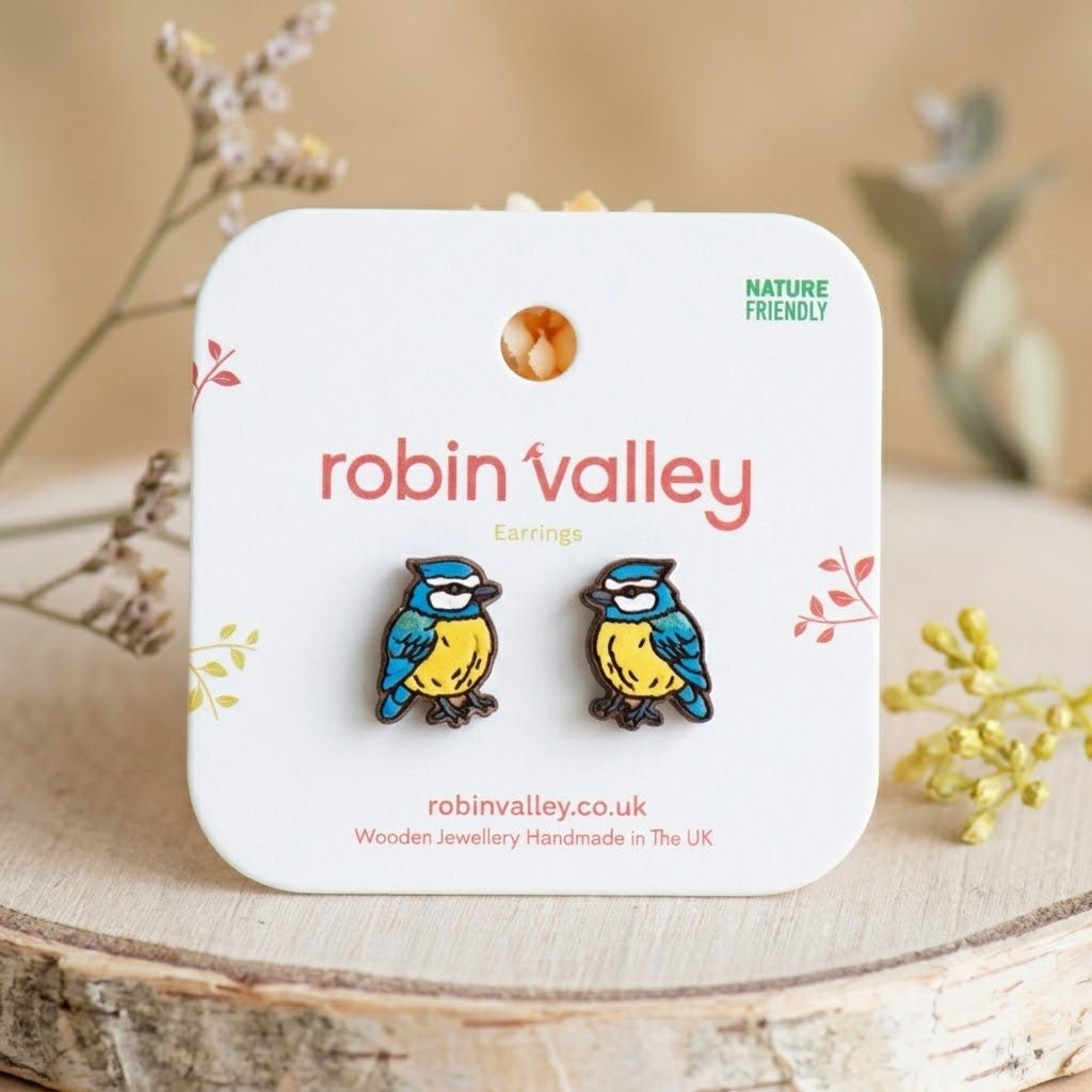 Fluffy Blue Tit Stud Earrings - Robin Valley Official Store