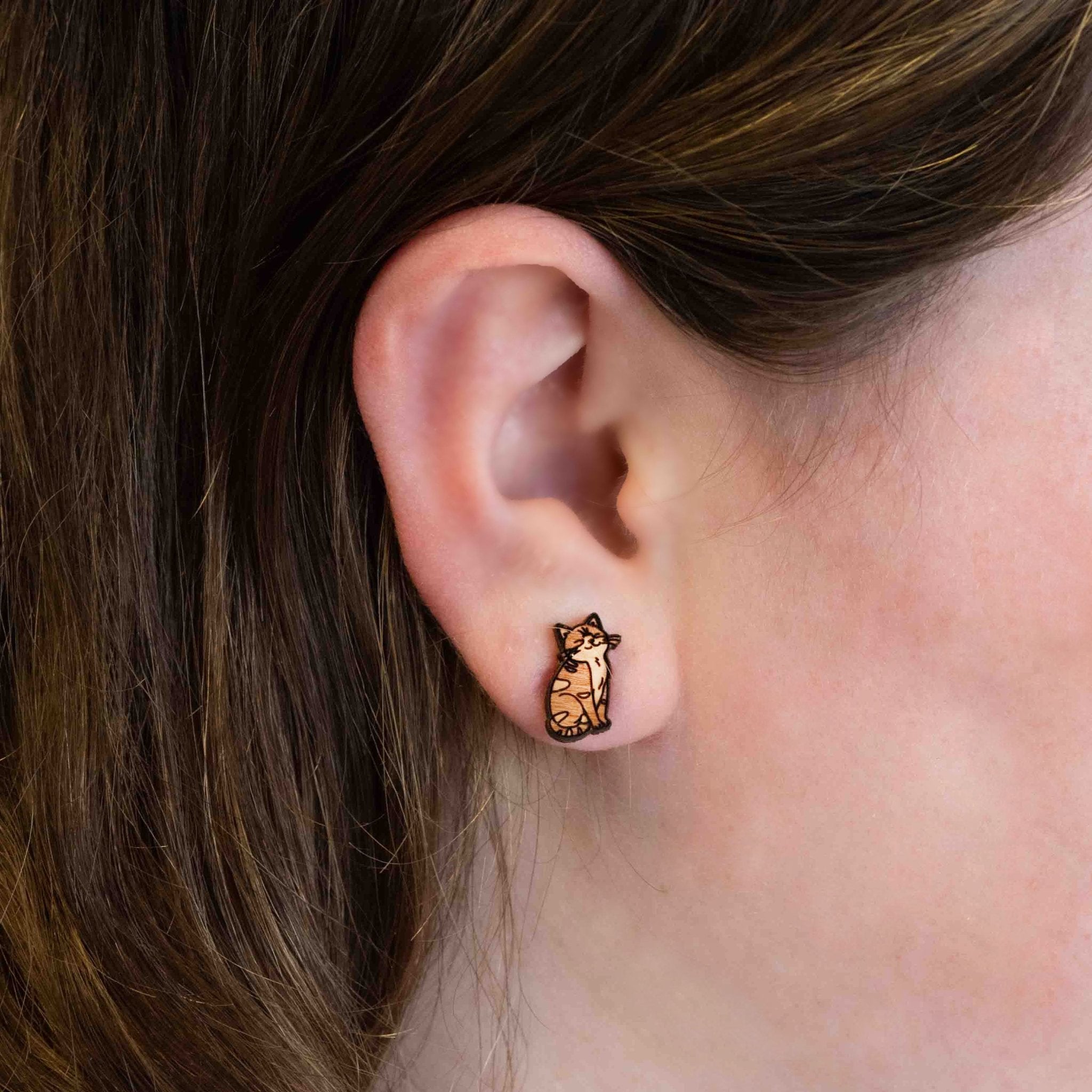 Ginger Cat Cherry Wood Earrings - EL10174 - Robin Valley Official Store