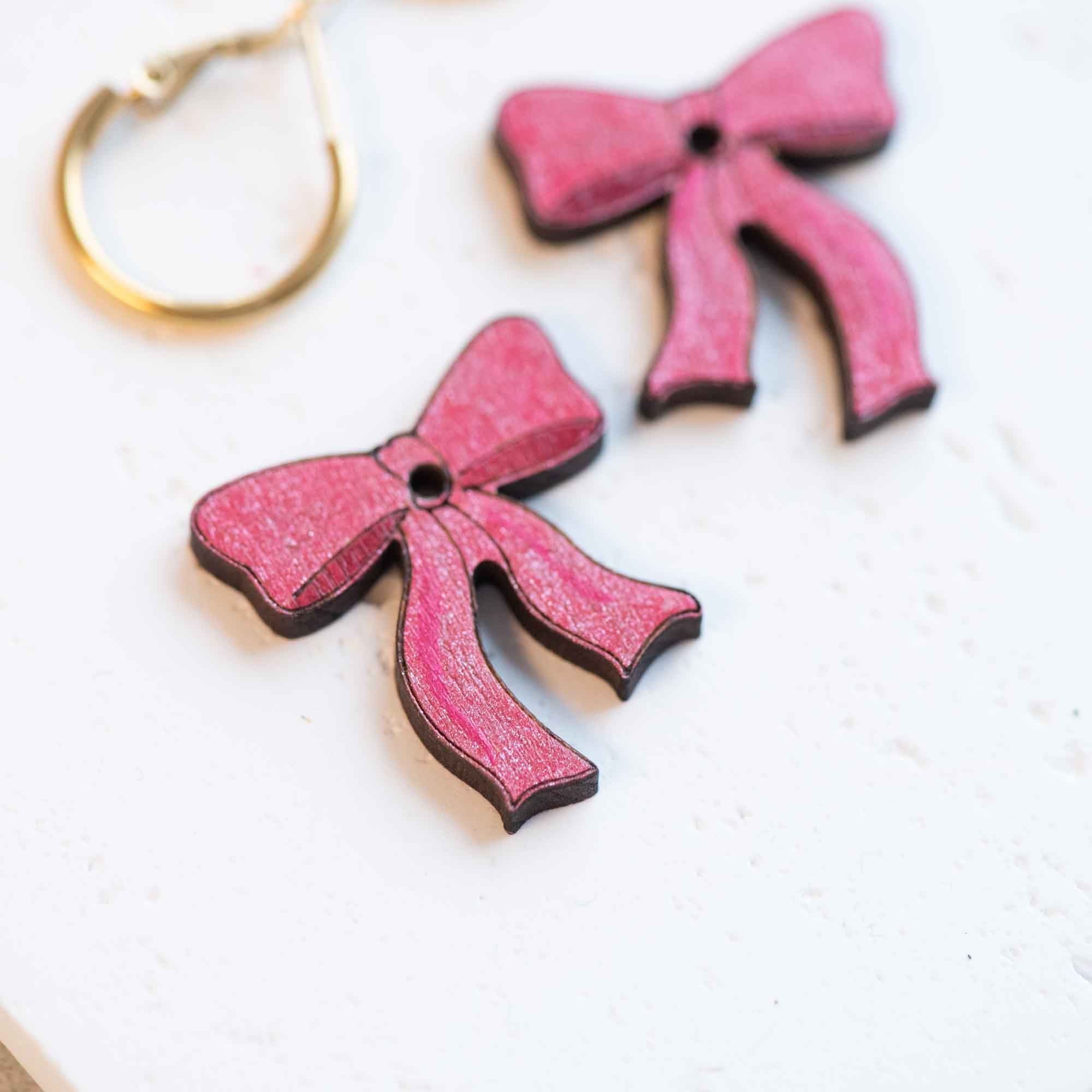 Glitter Pink Ribbon Bow Hoop Earrings - PET15232 - Robin Valley Official Store