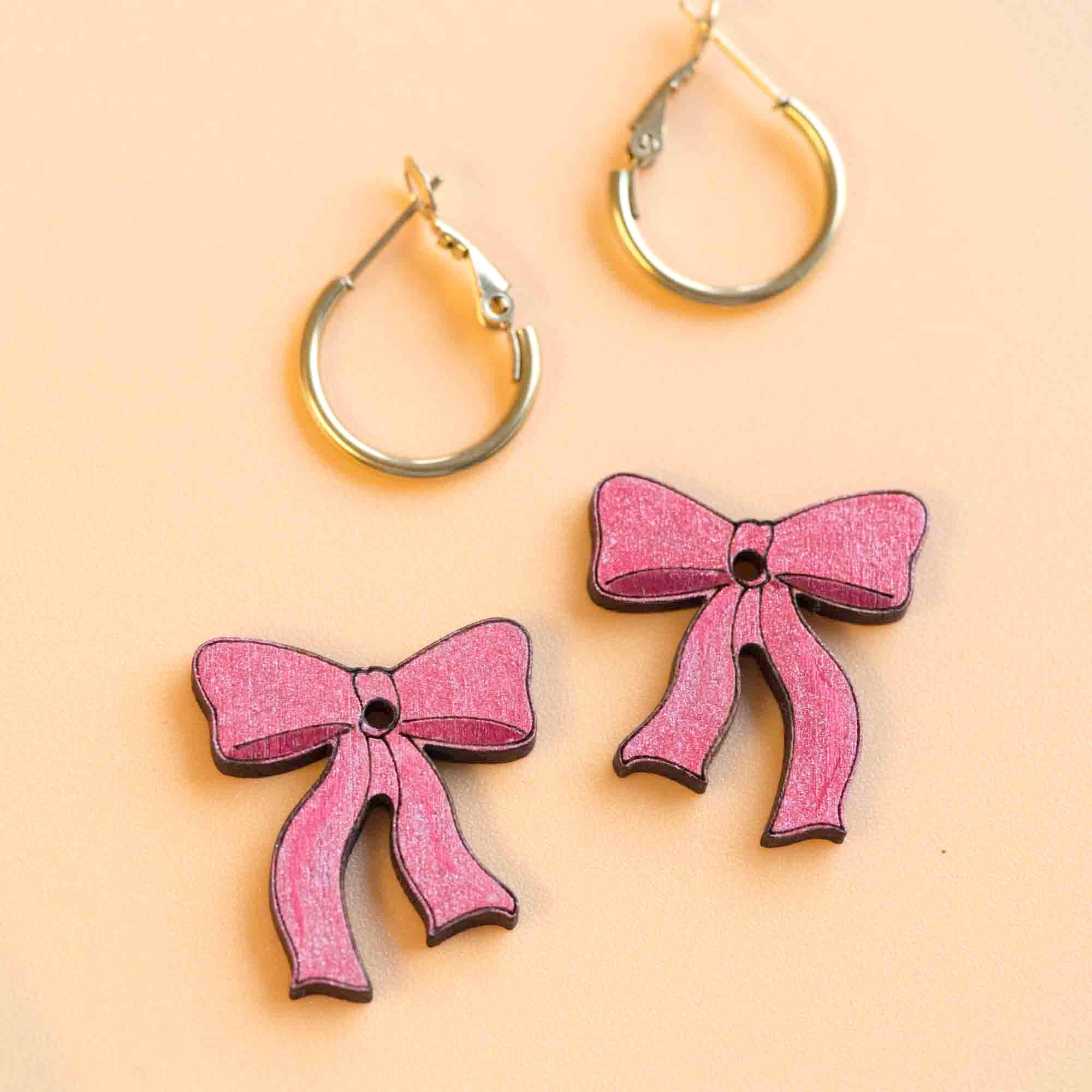 Glitter Pink Ribbon Bow Hoop Earrings - PET15232 - Robin Valley Official Store
