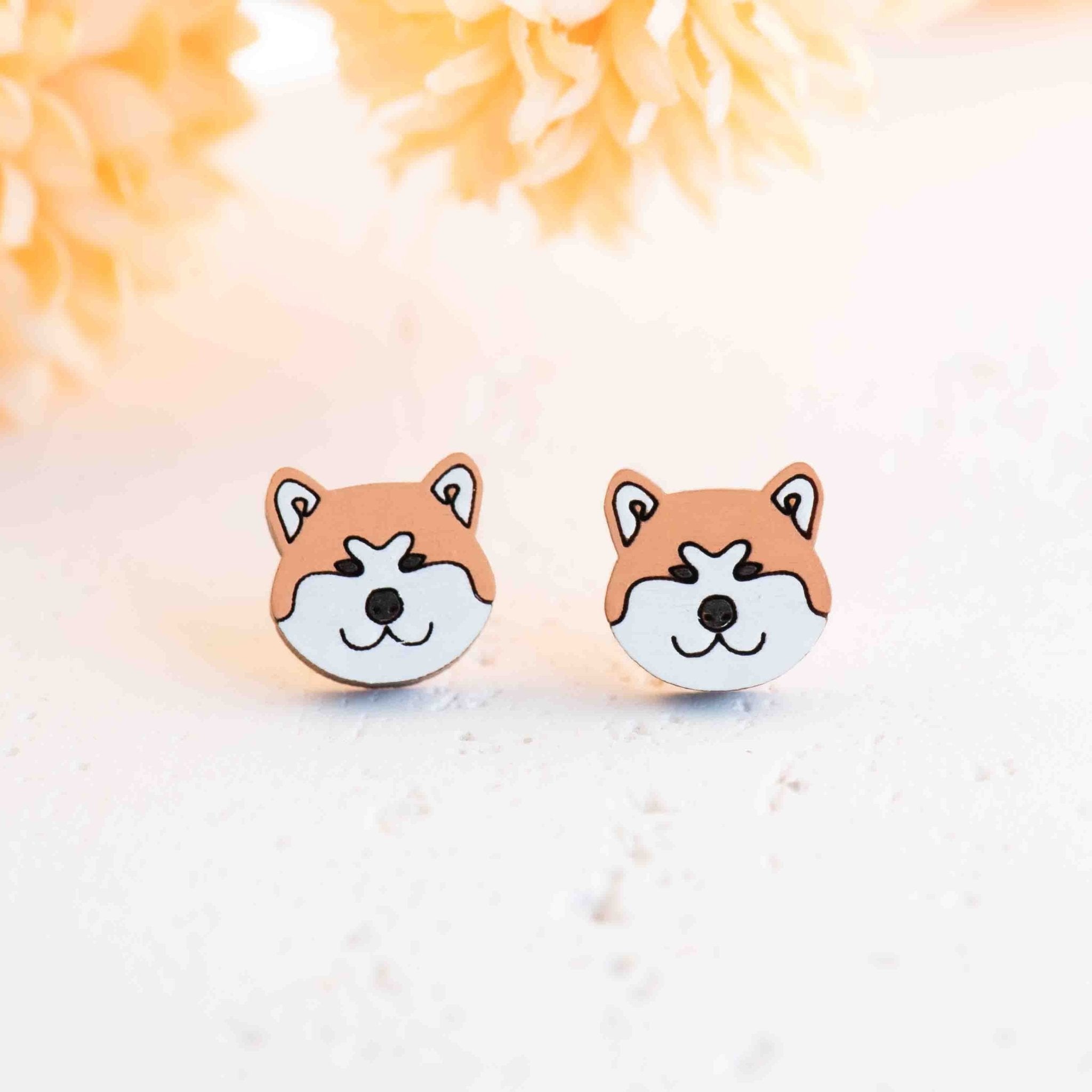 Hand - painted Akita Wooden Stud Earrings - PEL10419 - Robin Valley Official Store