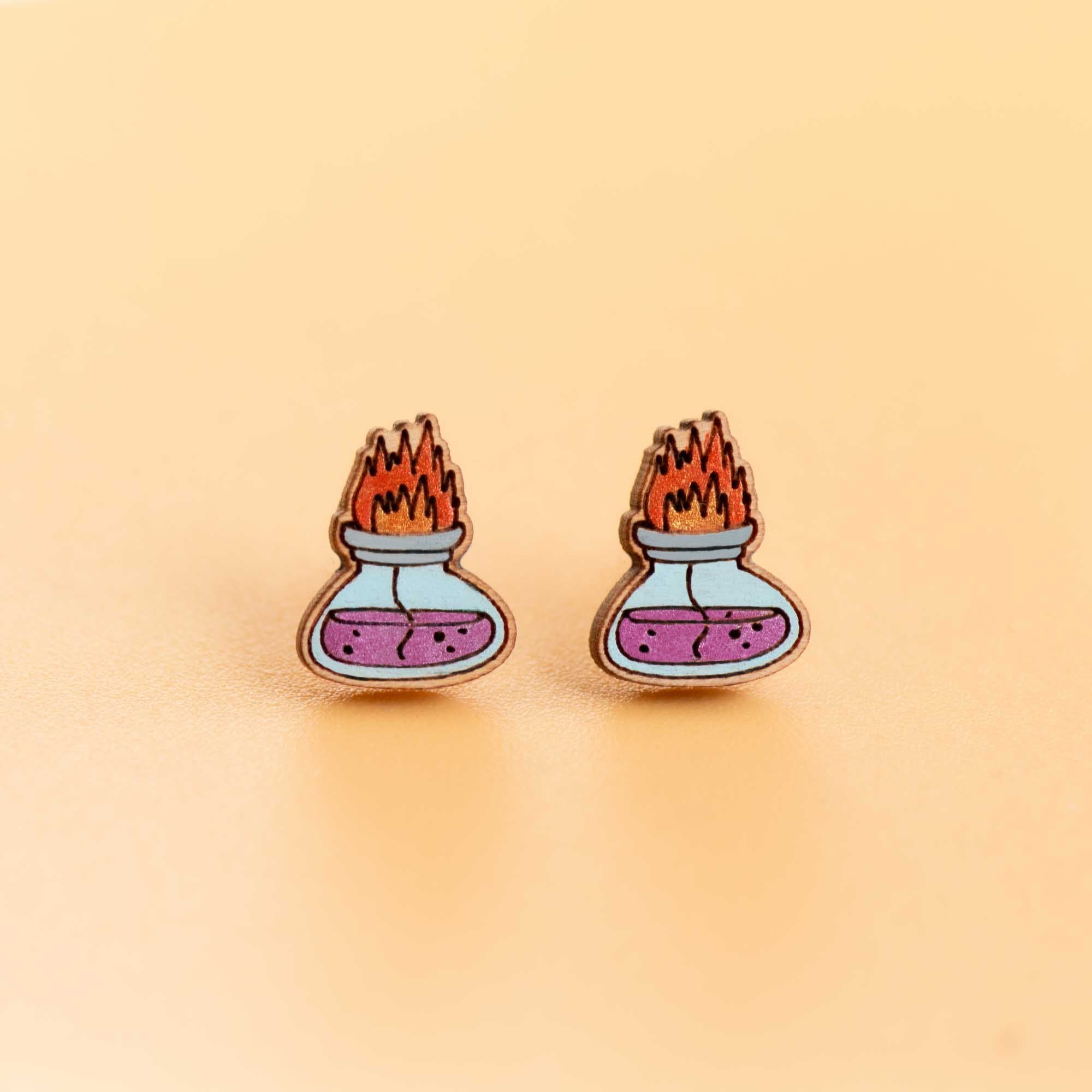 Hand - Painted Alcohol Lamp Wooden Earrings - PET15335 - Robin Valley Official Store