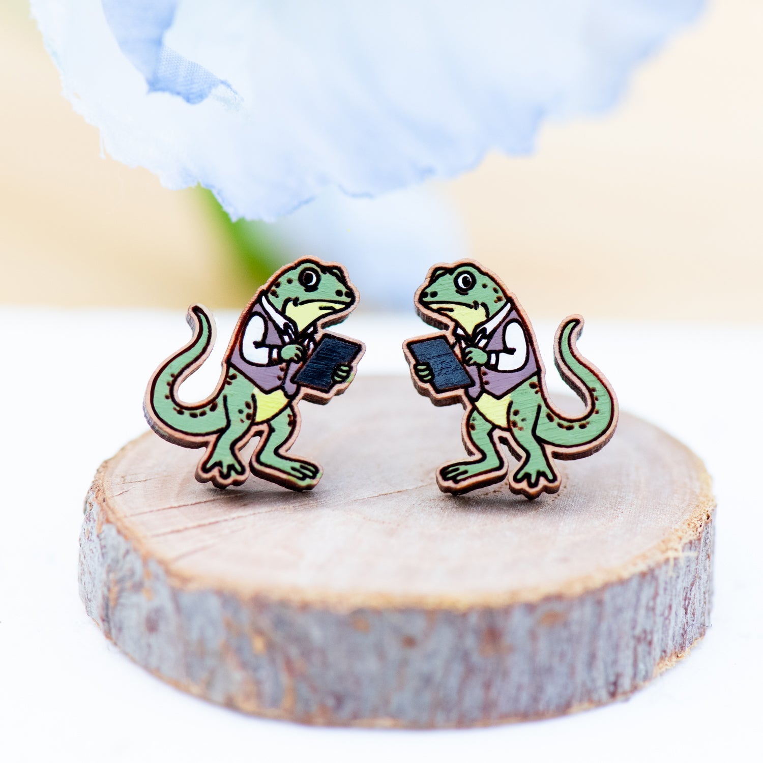Hand - painted Alice in Wonderland Bill The Lizard Stud Wooden Earrings - Robin Valley Official Store