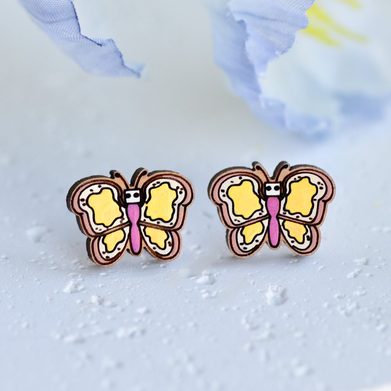 Hand - painted Alice In Wonderland Bread - and - Butterfly Stud Wooden Earrings - Robin Valley Official Store