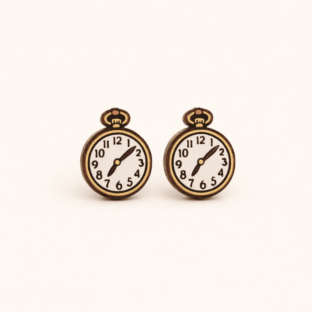Hand - painted Alice in Wonderland Clock Stud Wooden Earrings - Robin Valley Official Store