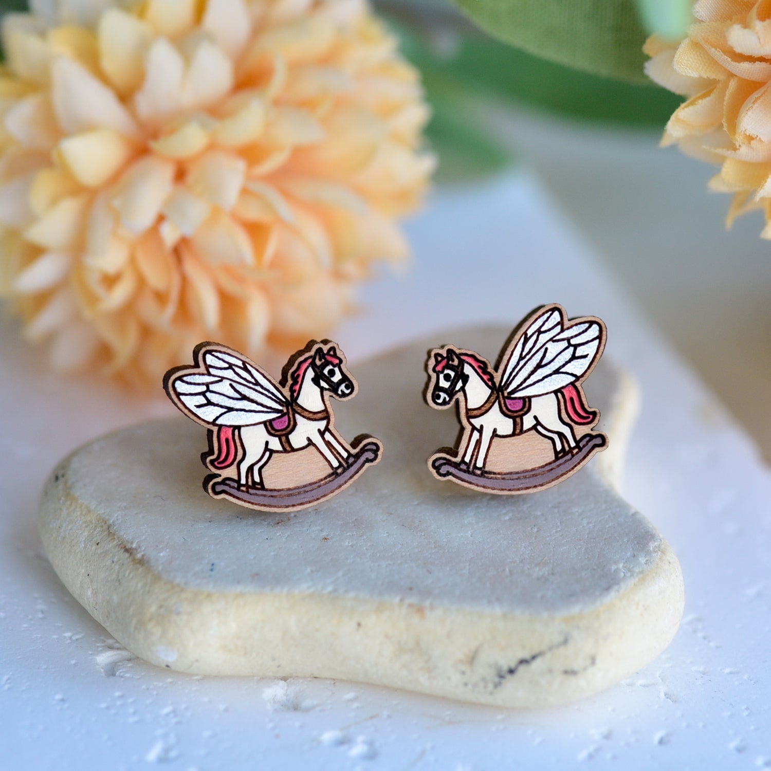 Hand - painted Alice In Wonderland Rocking Horse Fly Stud Wooden Earrings - Robin Valley Official Store