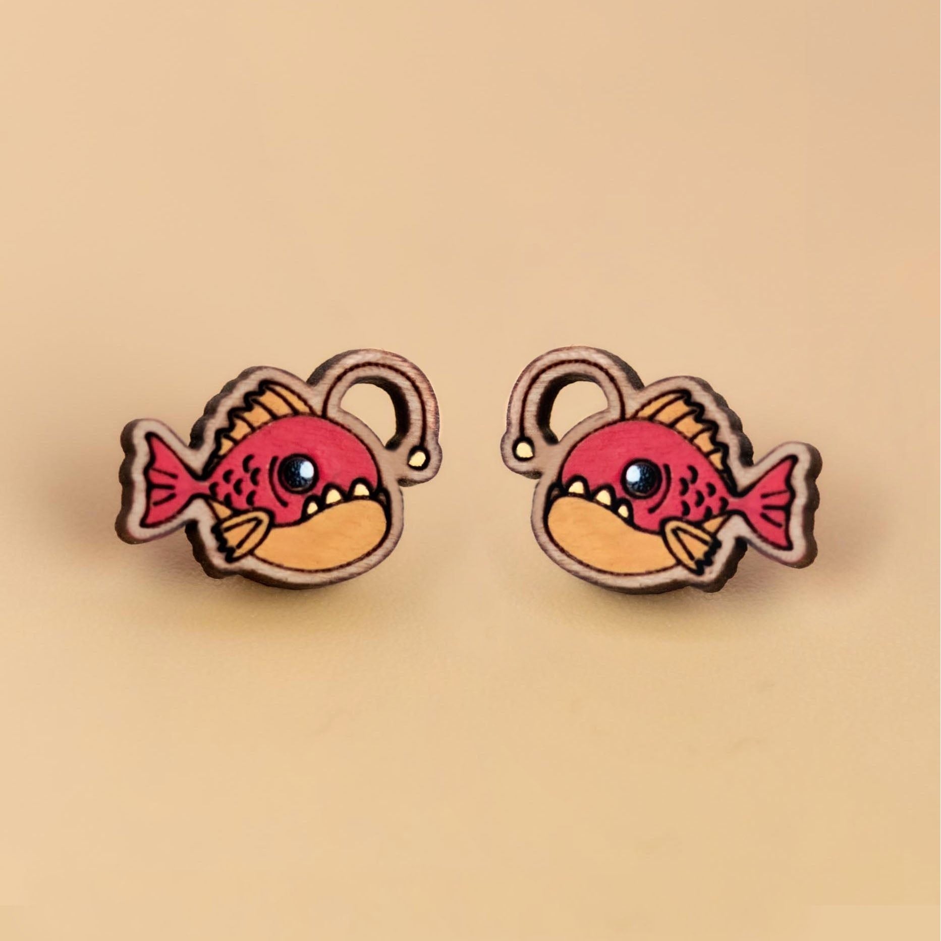 Hand - painted Angler fish Cherry Wood Stud Earrings - PES13011 - Robin Valley Official Store