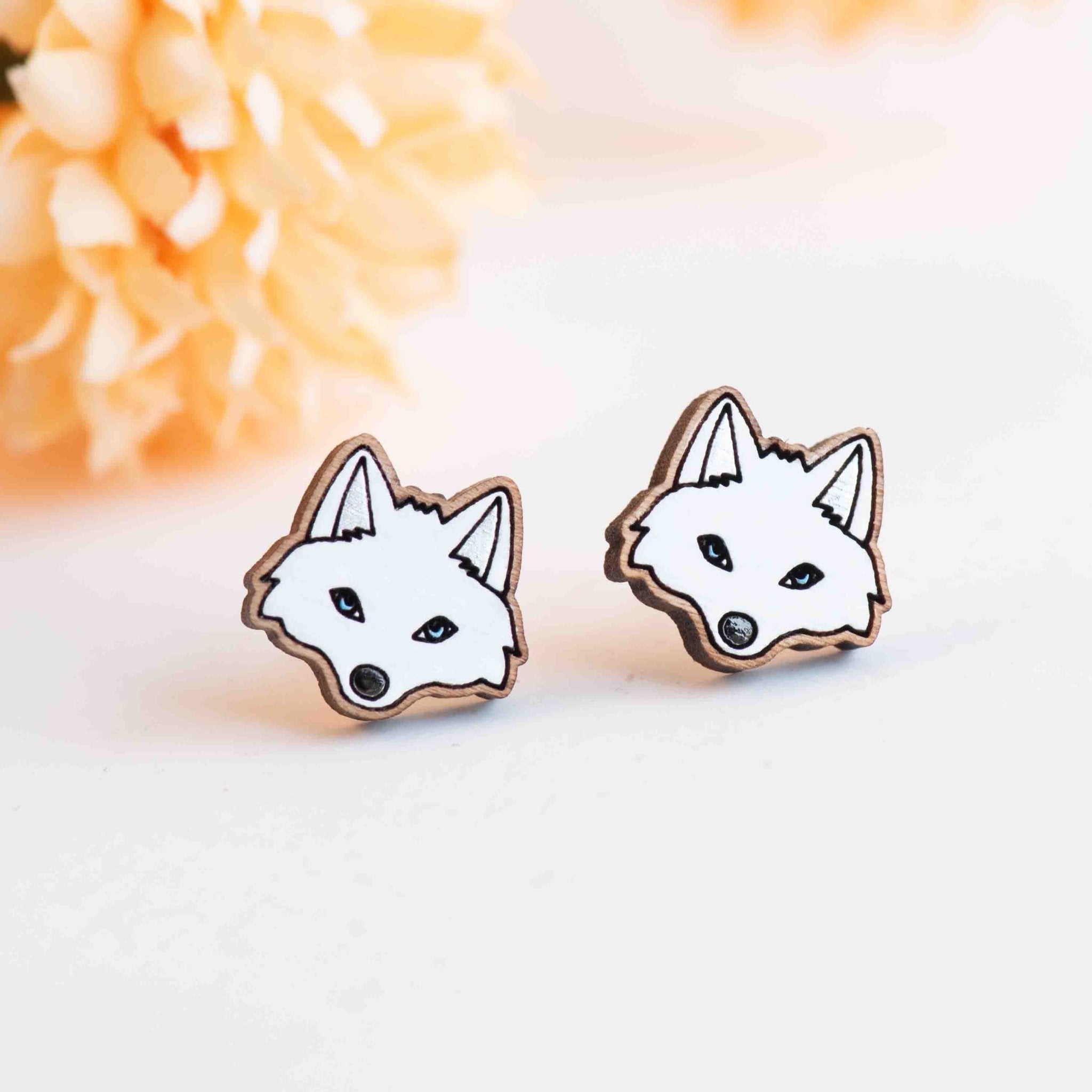 Hand - painted Arctic Fox Wooden Stud Earrings - PEL10453 - Robin Valley Official Store