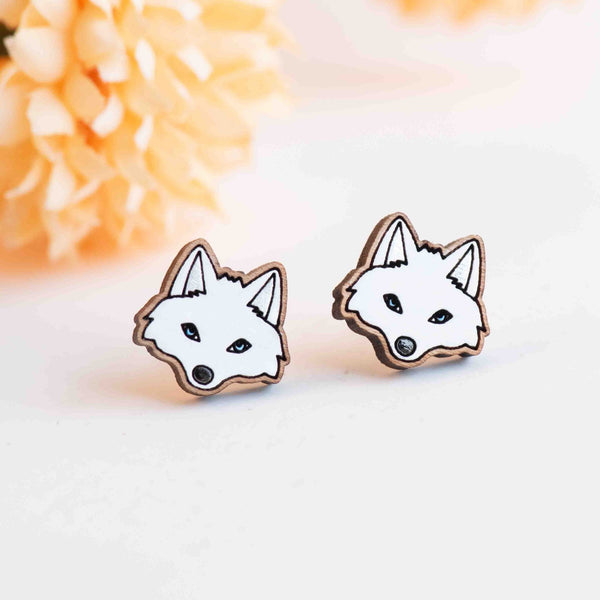 Hand - painted Arctic Fox Wooden Stud Earrings - PEL10453 - Robin Valley Official Store