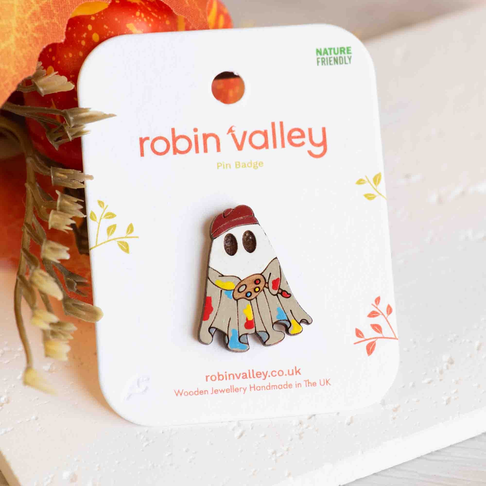 Hand - painted Artist Ghost Wooden Pin Badge - PT45291 - Robin Valley Official Store