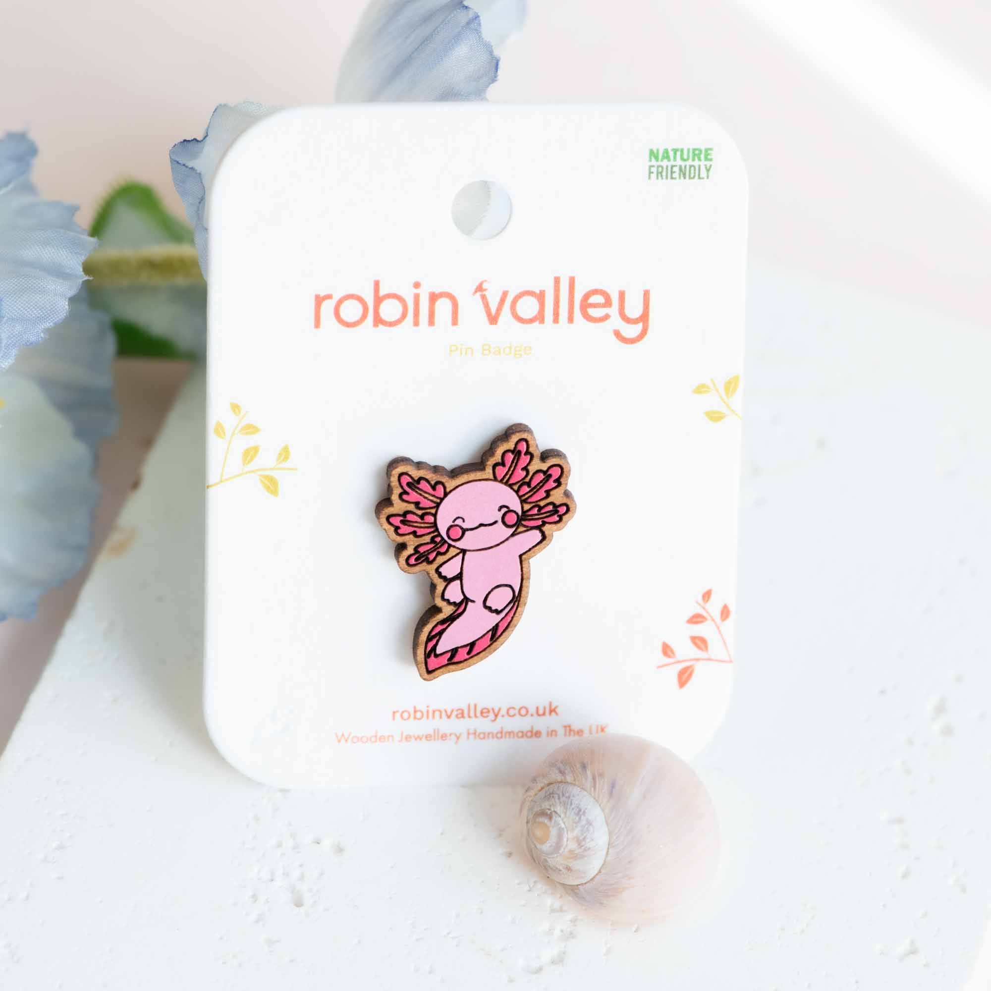 Hand - painted Axolotl (straight) Wooden Pin Badge - PS43110 - Robin Valley Official Store