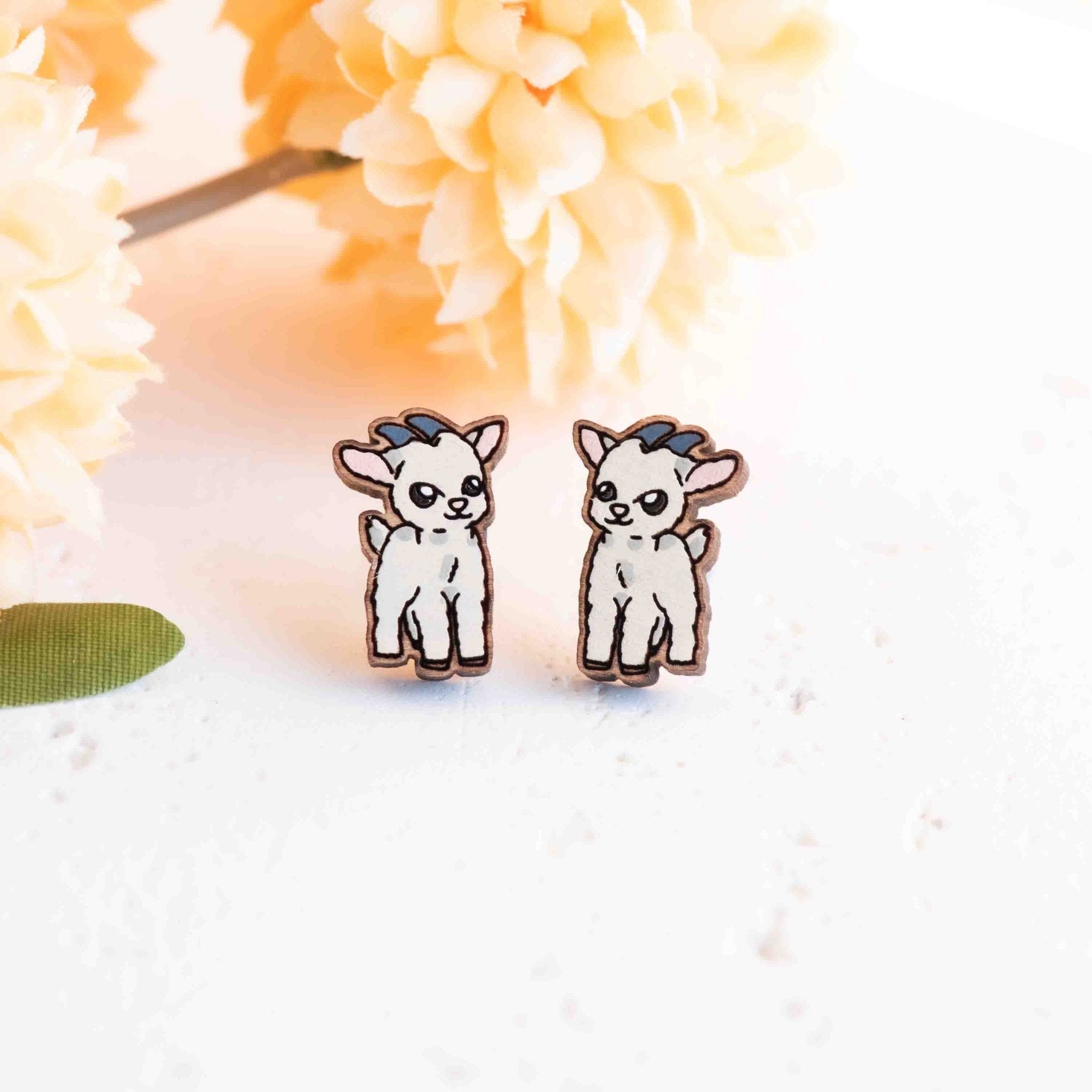 Hand - painted Baby Goat Wooden Stud Earrings - PEL10416 / PEL10417 - Robin Valley Official Store